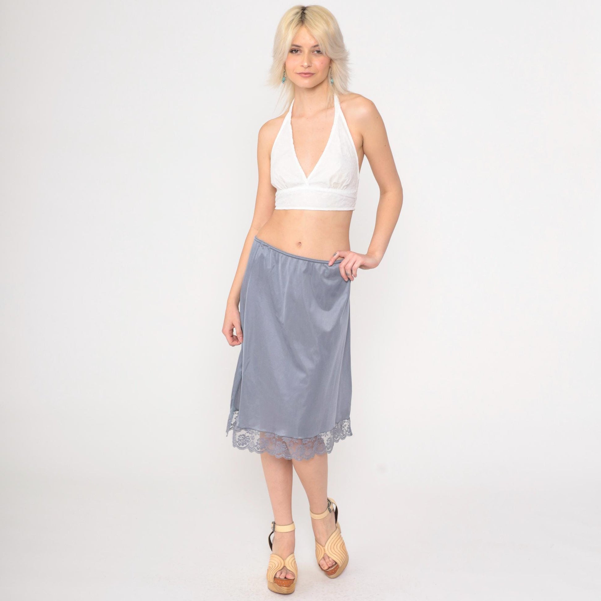 80s Grey Nylon Slip Skirt Lace Trim Rosette Side Slit Medium