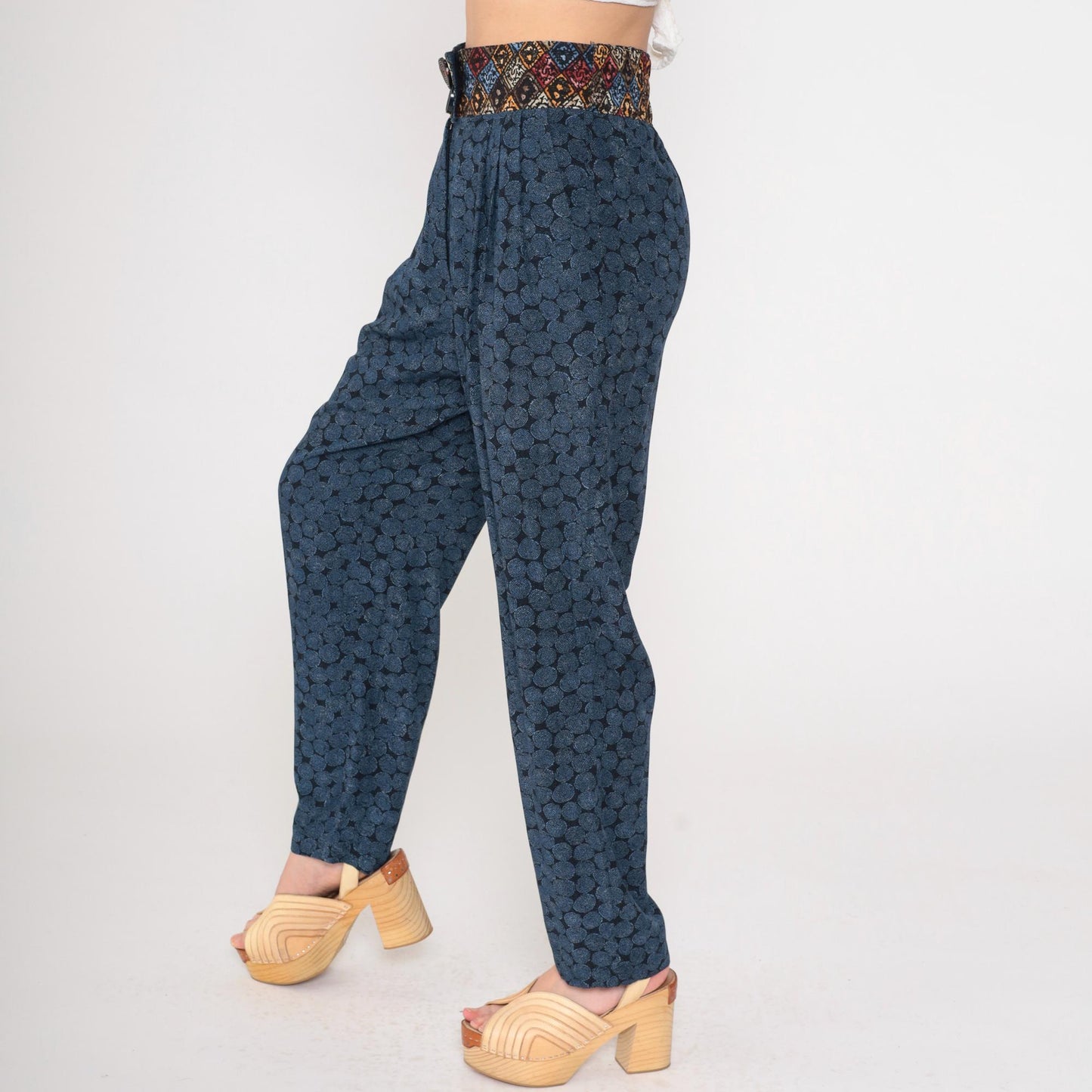 90s Geometric Print High-Waisted Tapered Trousers Blue Small 6