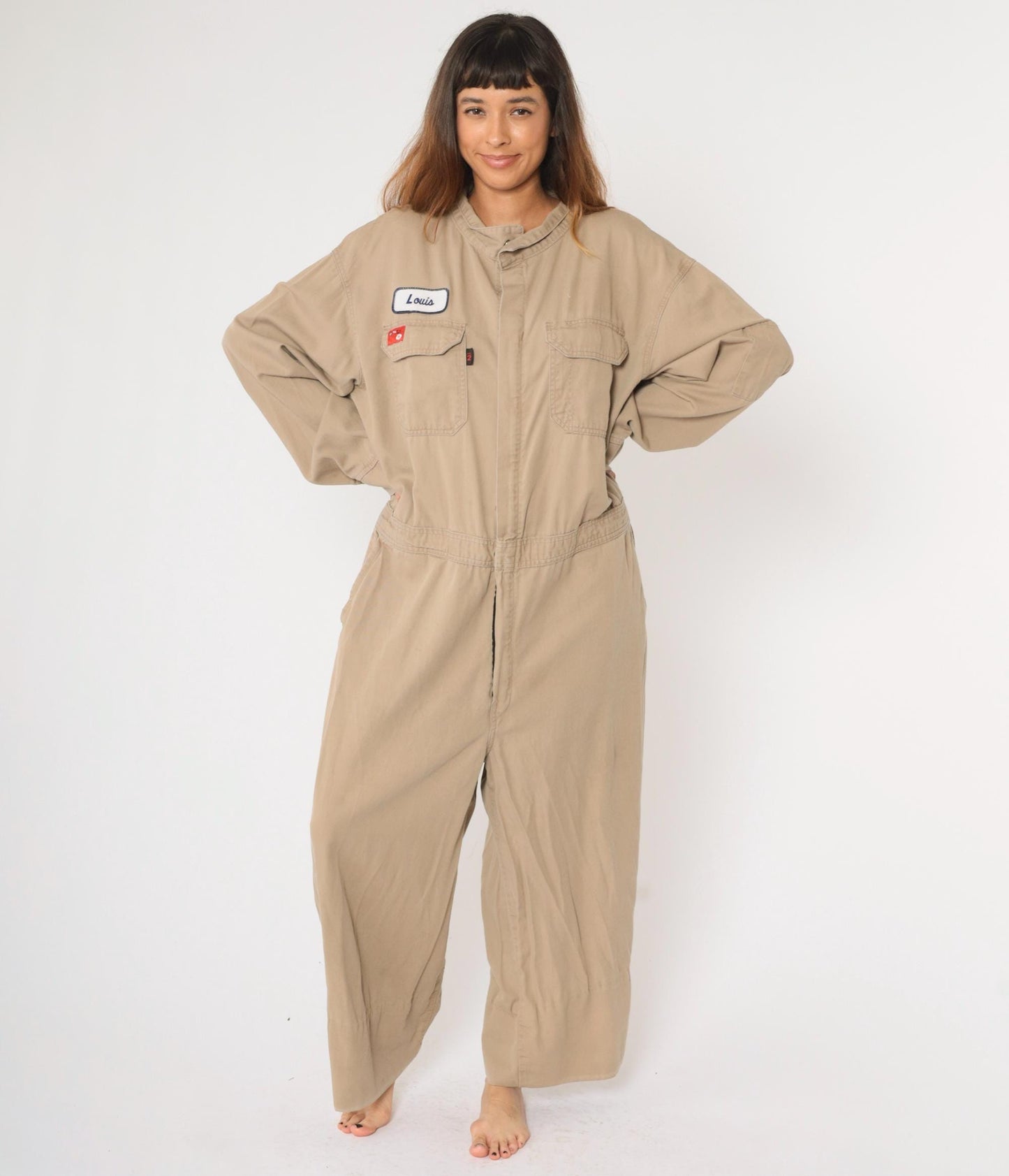 Y2K Tan Flame Resistant Coveralls Louis Patch Flight Suit Men's 48 Regular
