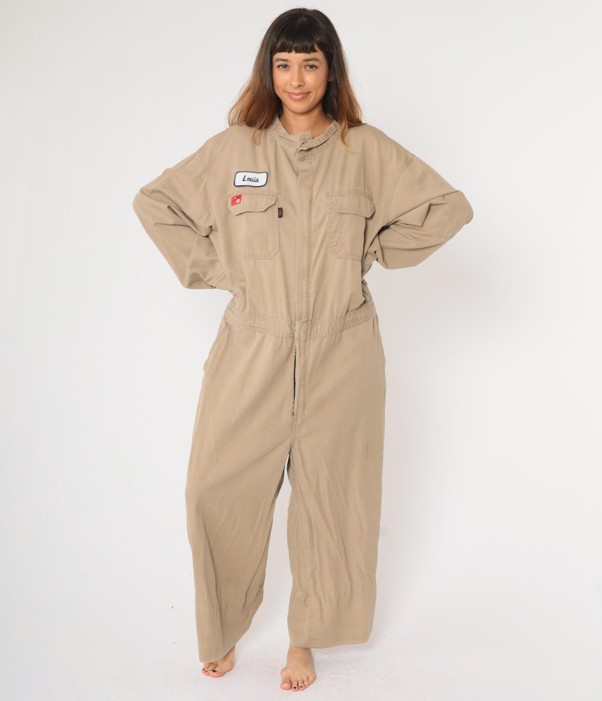 Y2K Tan Flame Resistant Coveralls Louis Patch Flight Suit Men's 48 Regular