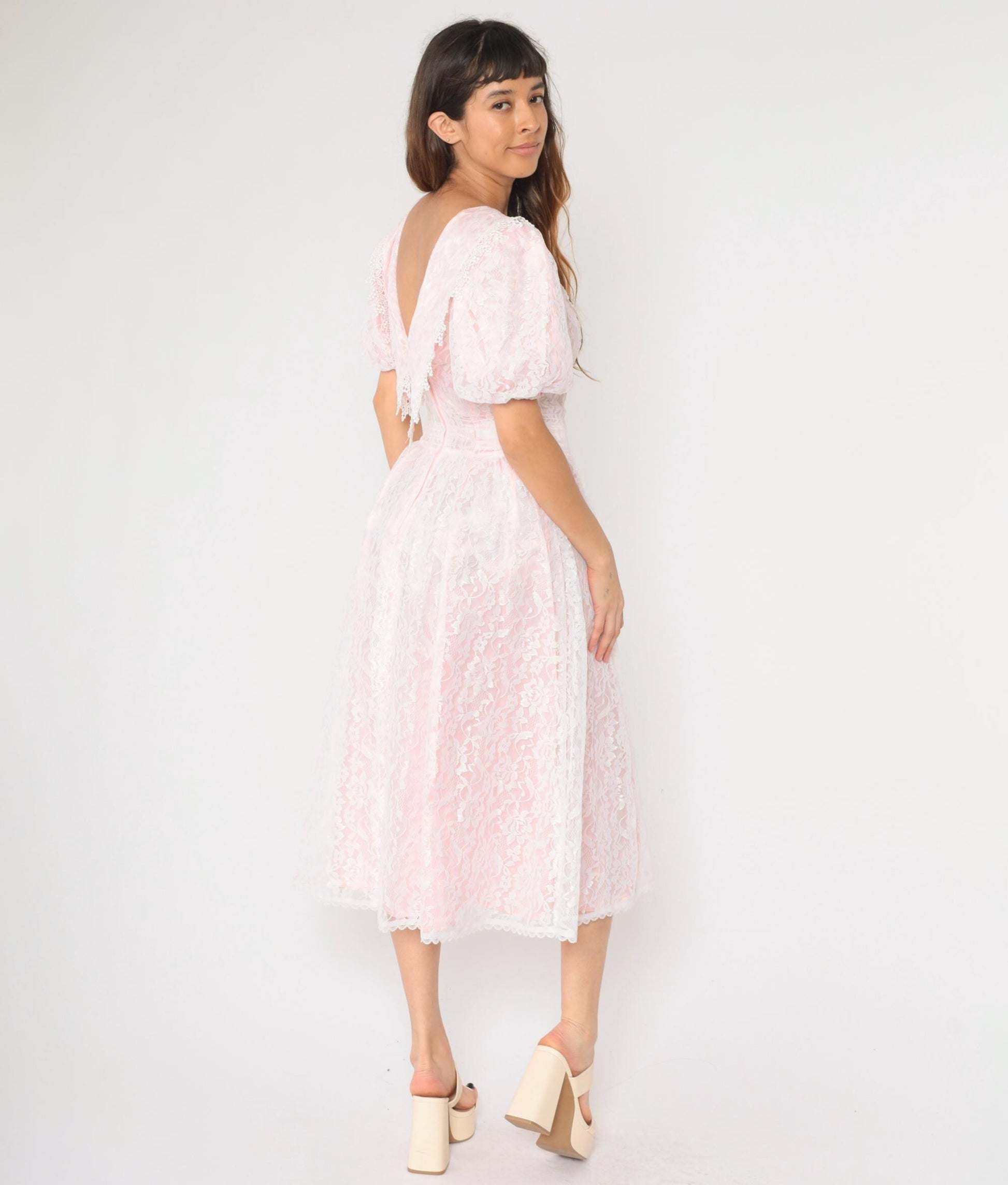 80s Gunne Sax Pink Lace Puff Sleeve Midi Dress White Overlay Small