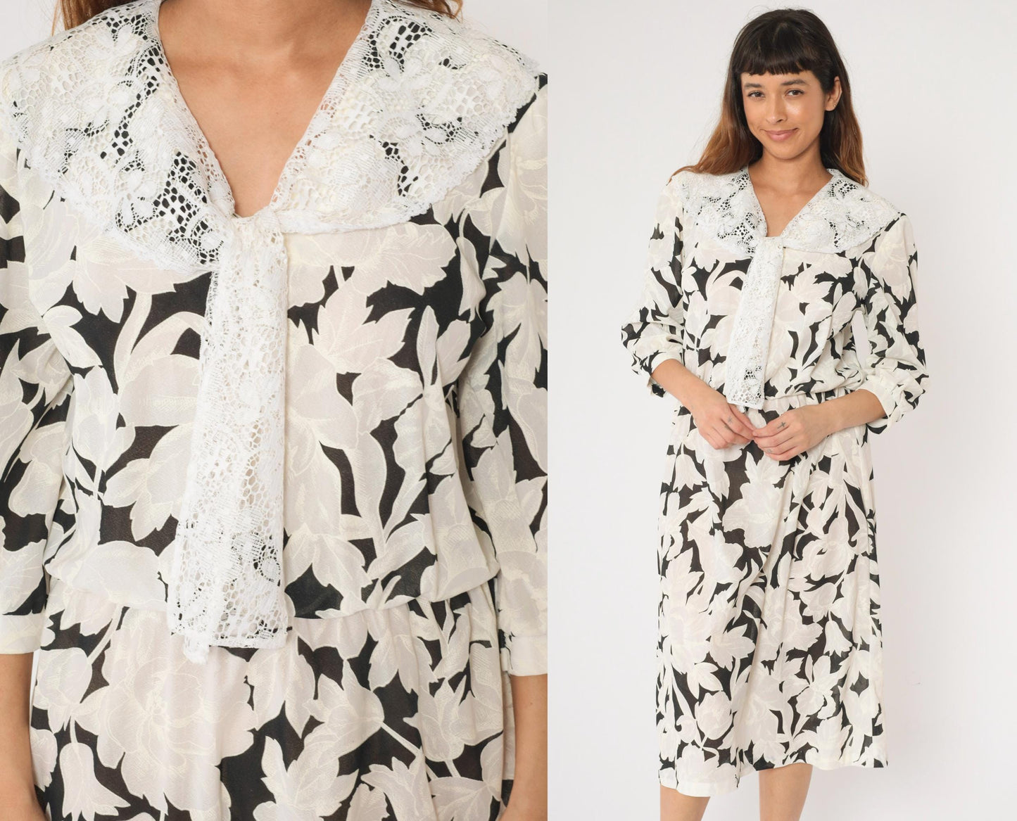 80s Black White Floral Midi Dress Lace Collar Puff Sleeve Small Medium