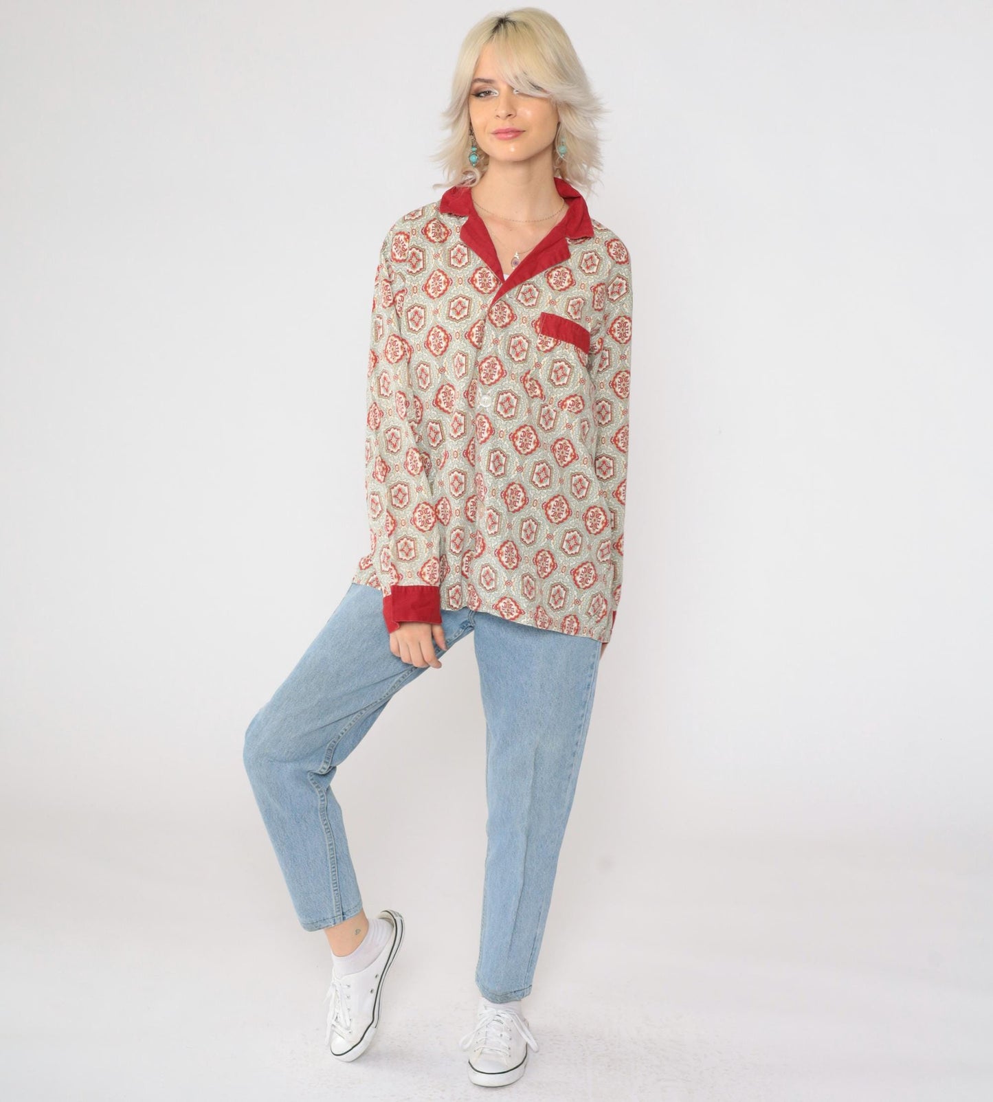 70s Towncraft Pajama Shirt Geometric Button Up Grey Red Medium
