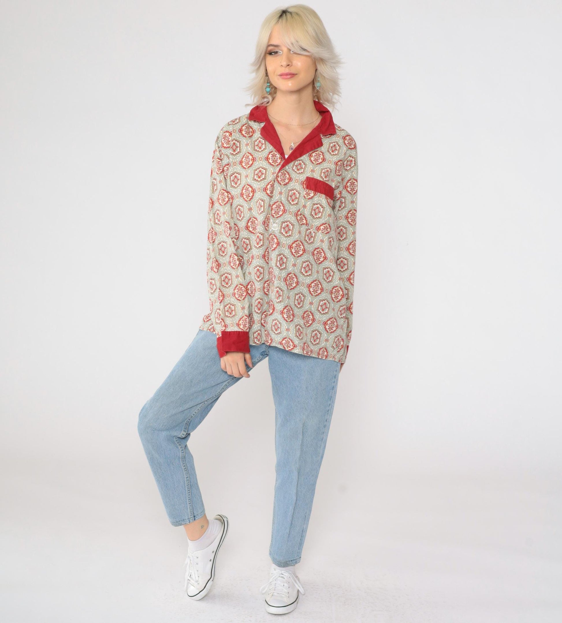 70s Towncraft Pajama Shirt Geometric Button Up Grey Red Medium