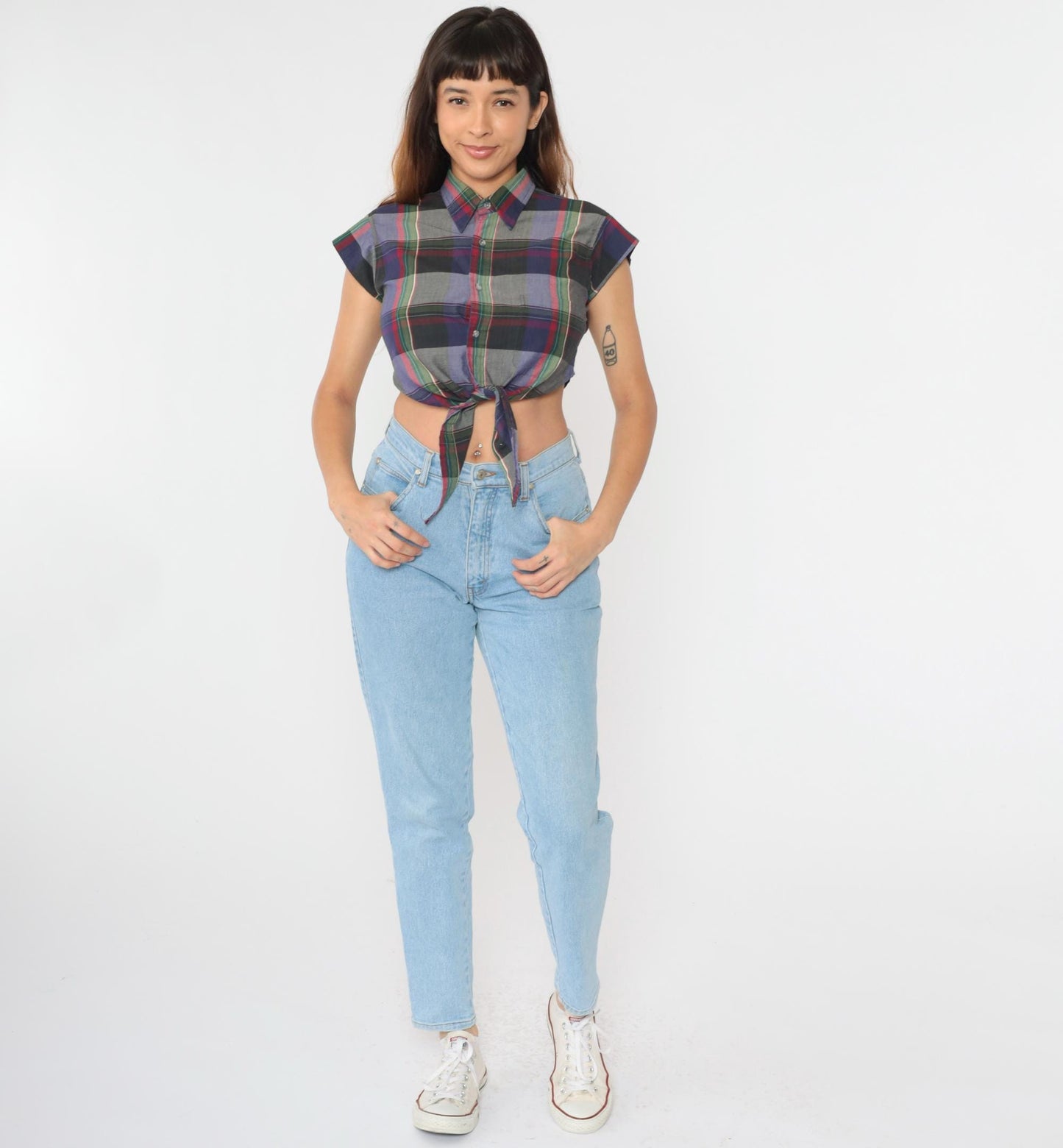 90s Checkered Crop Top Button Up Blouse Tie Waist Cap Sleeve Grey Small XS