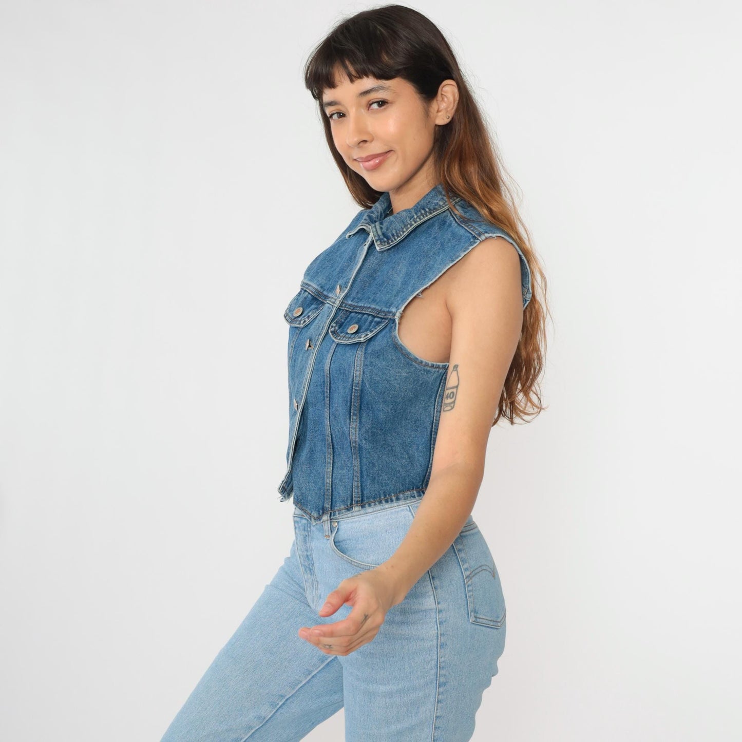 90s Blue Denim Cropped Vest Sleeveless Button-Up Jean Top Medium