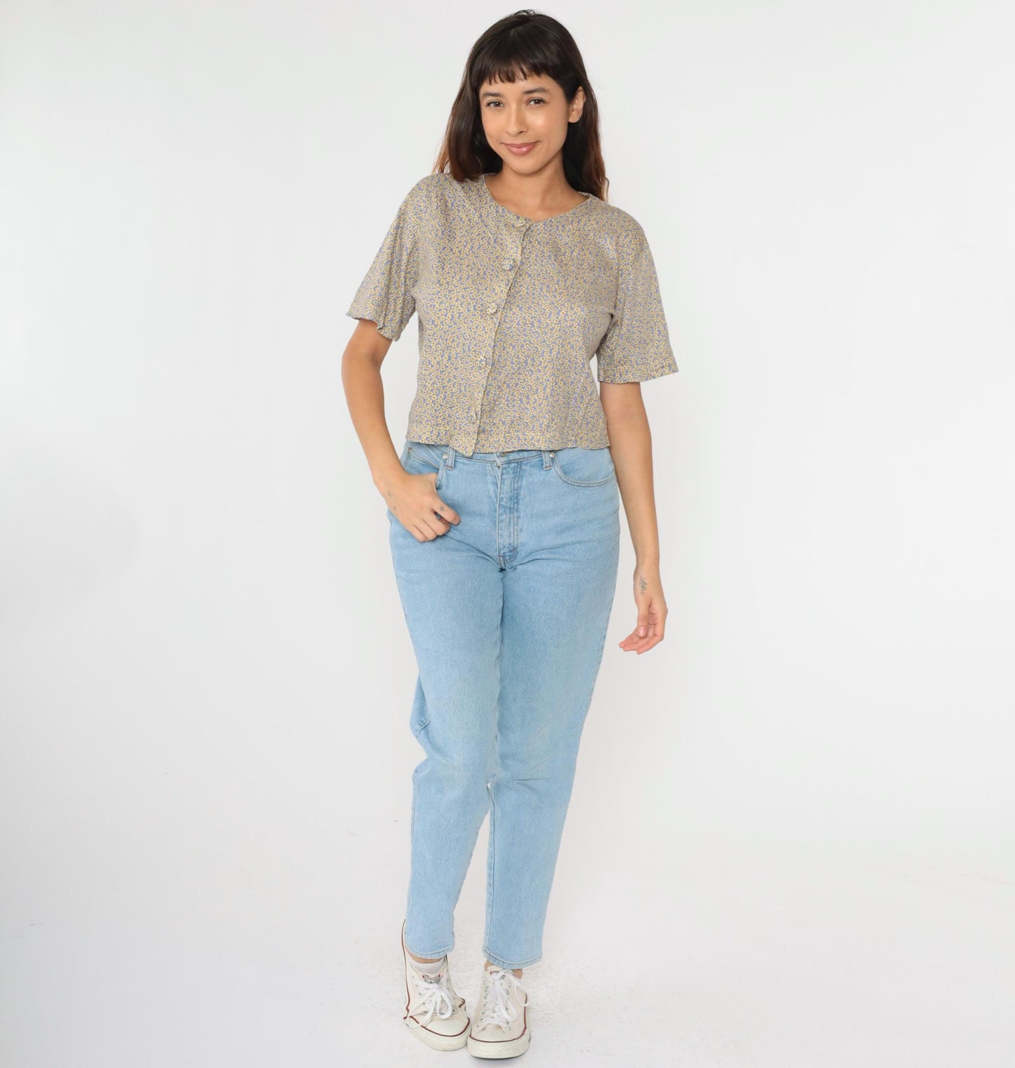 90s Talbots Petites Calico Floral Button-Up Blouse Periwinkle Cotton Small