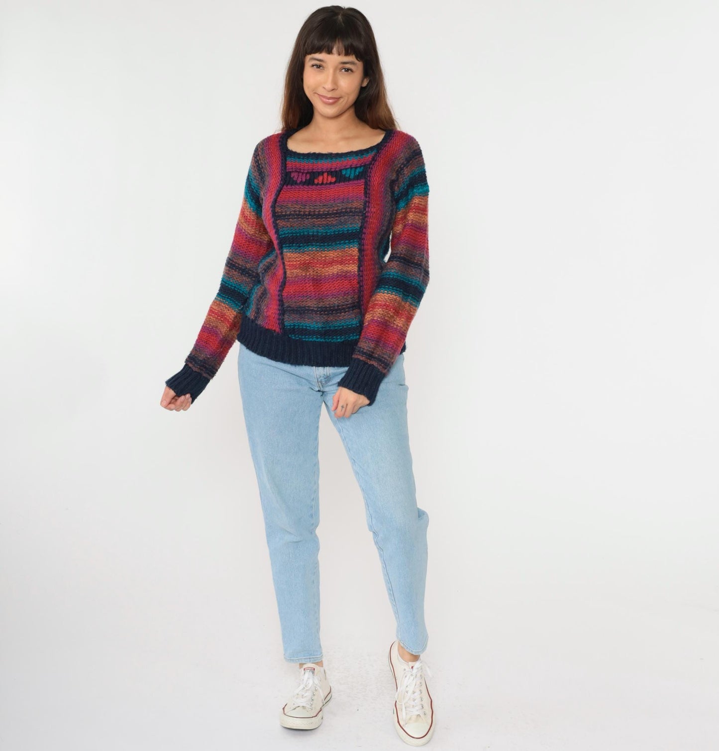 80s Striped Knit Sweater Rainbow Horizontal Stripes Balloon Sleeve Small