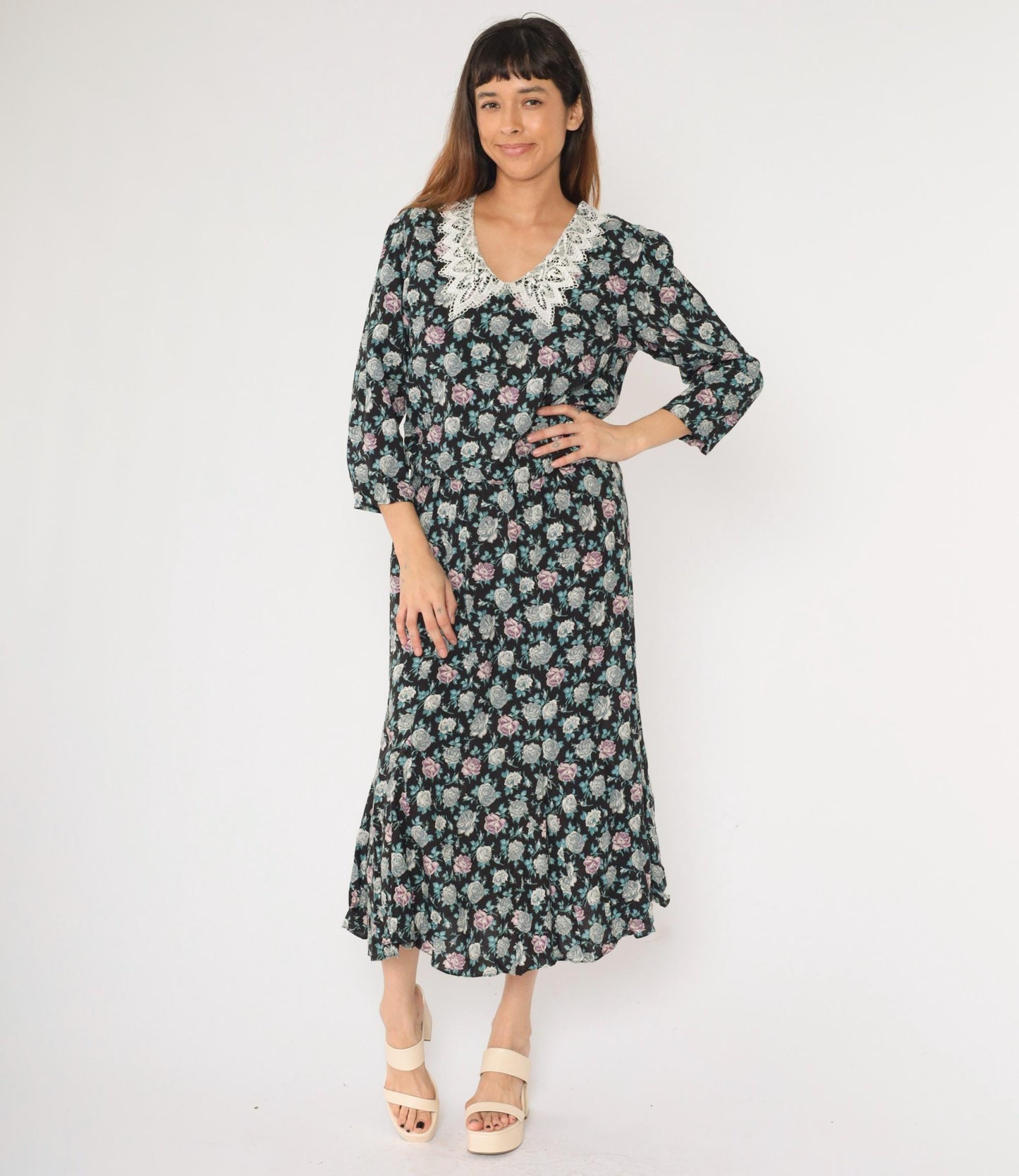 90s Starlo Fashions Floral Midi Dress Lace Collar Puff Sleeve Black Large