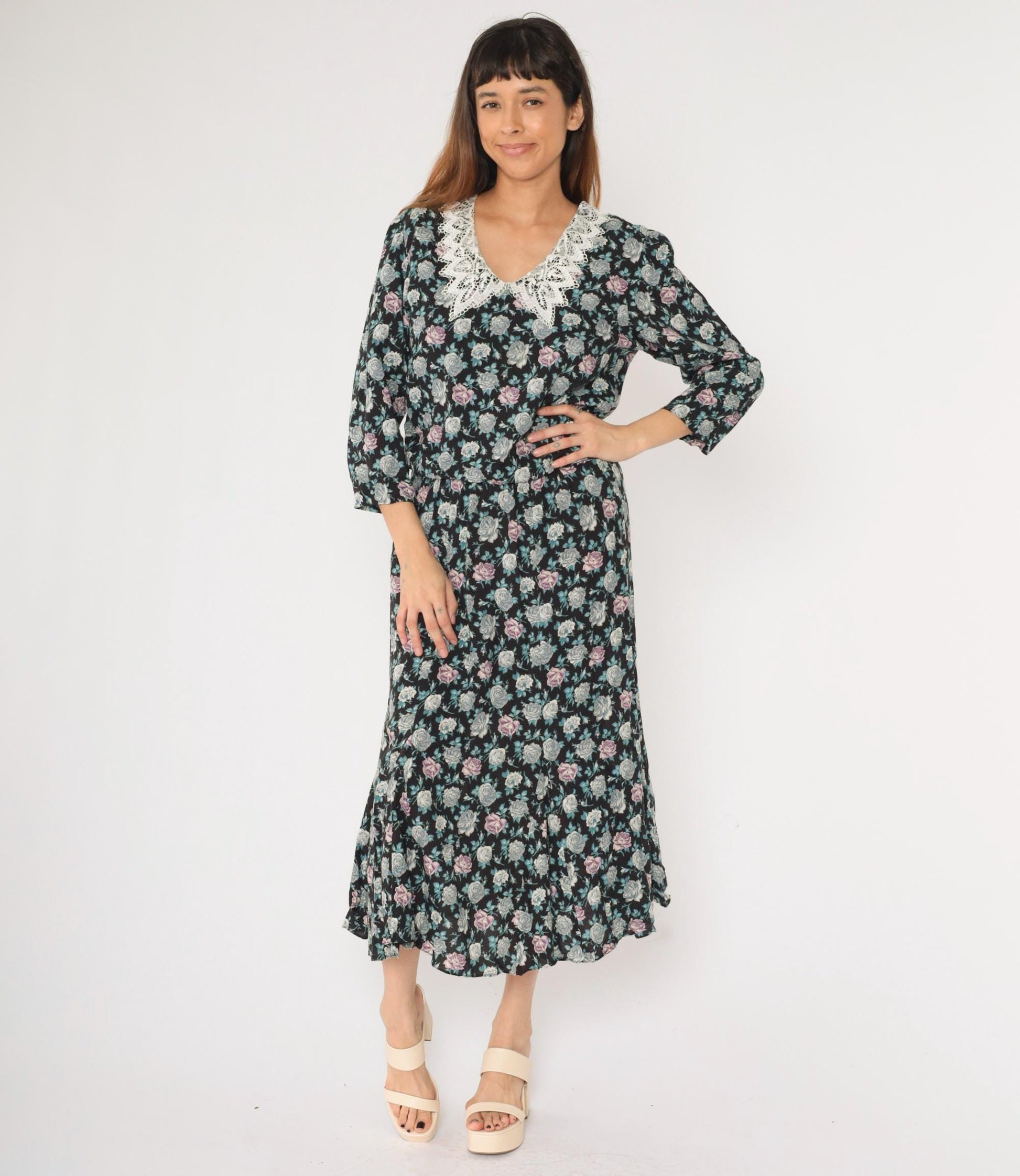 90s Starlo Fashions Floral Midi Dress Lace Collar Puff Sleeve Black Large