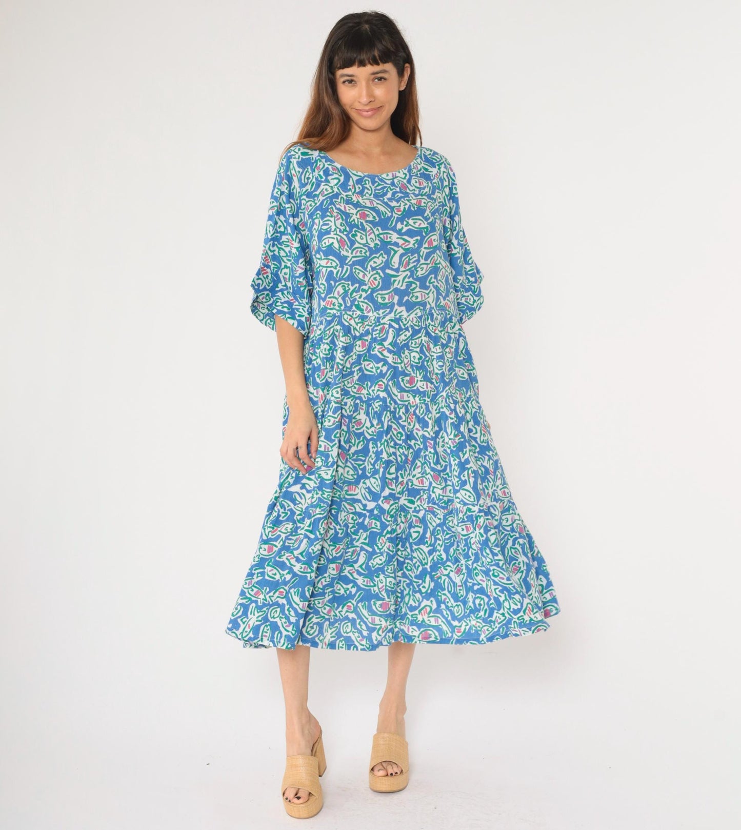 90s Fish Print Midi Dress Blue Abstract Cotton High Waist Half Sleeve Large L