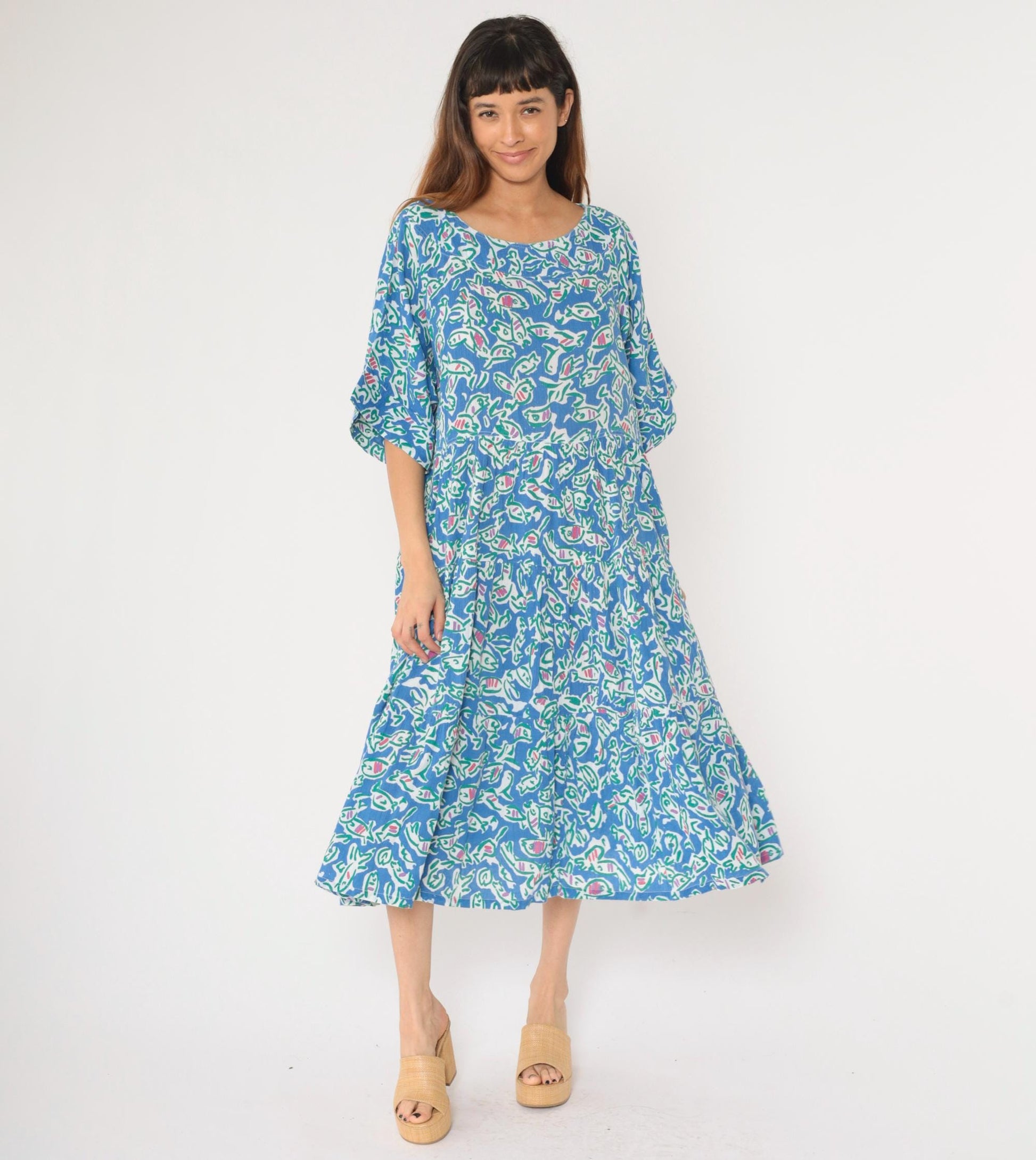 90s Fish Print Midi Dress Blue Abstract Cotton High Waist Half Sleeve Large L