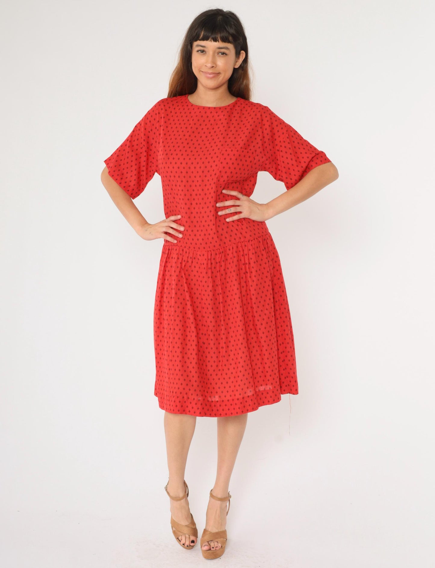 80s Geometric Diamond Print Midi Dress Red Drop Waist Short Sleeve Medium Large