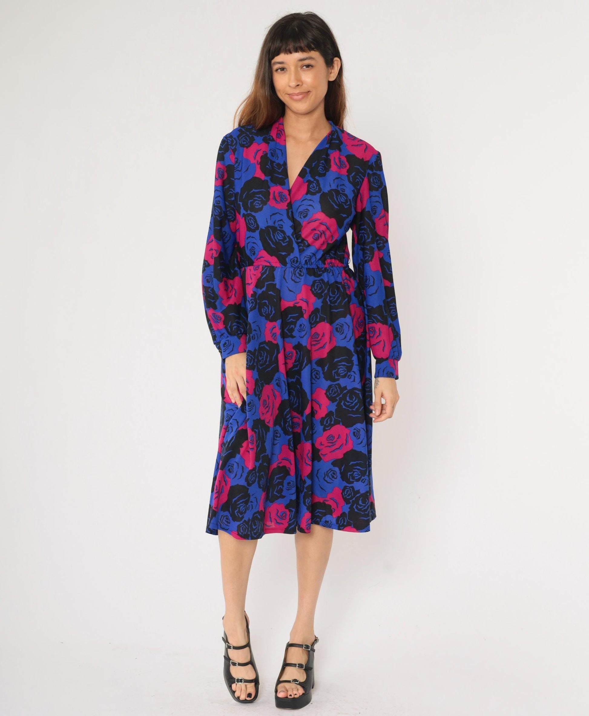 80s Floral Wrap Dress Midi Long Sleeve High Waist Blue Pink Rose Print Medium