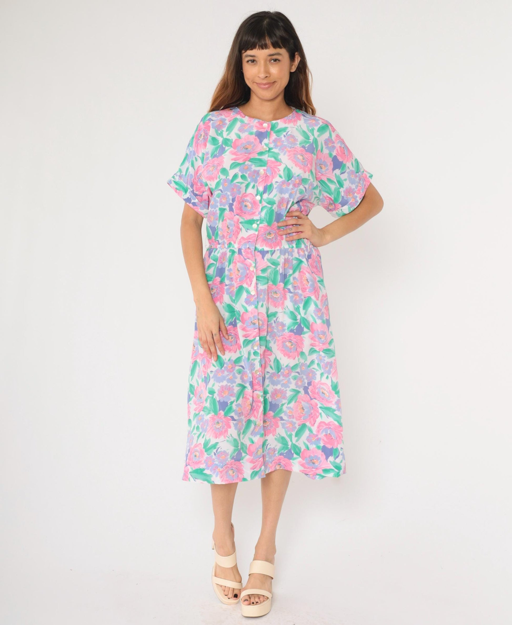 80s Floral Midi Shirtdress Pink Purple Green Button-Up Short Sleeve Medium