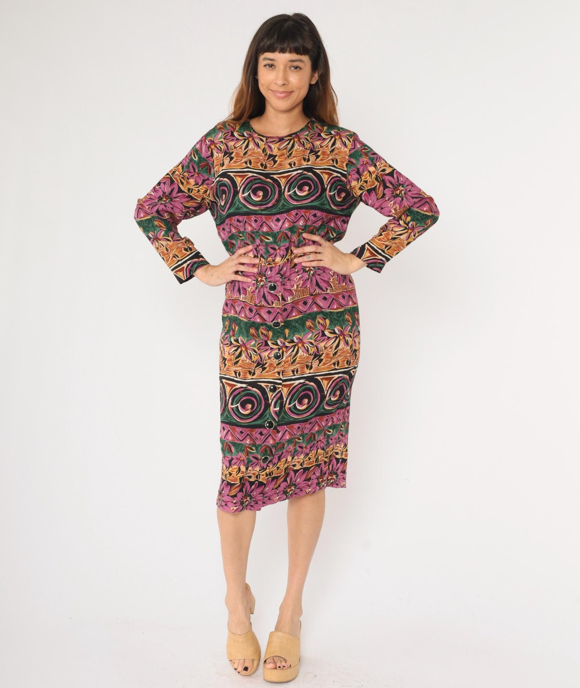 90s Geometric Floral Midi Dress Purple Green High Waist Long Sleeve Medium