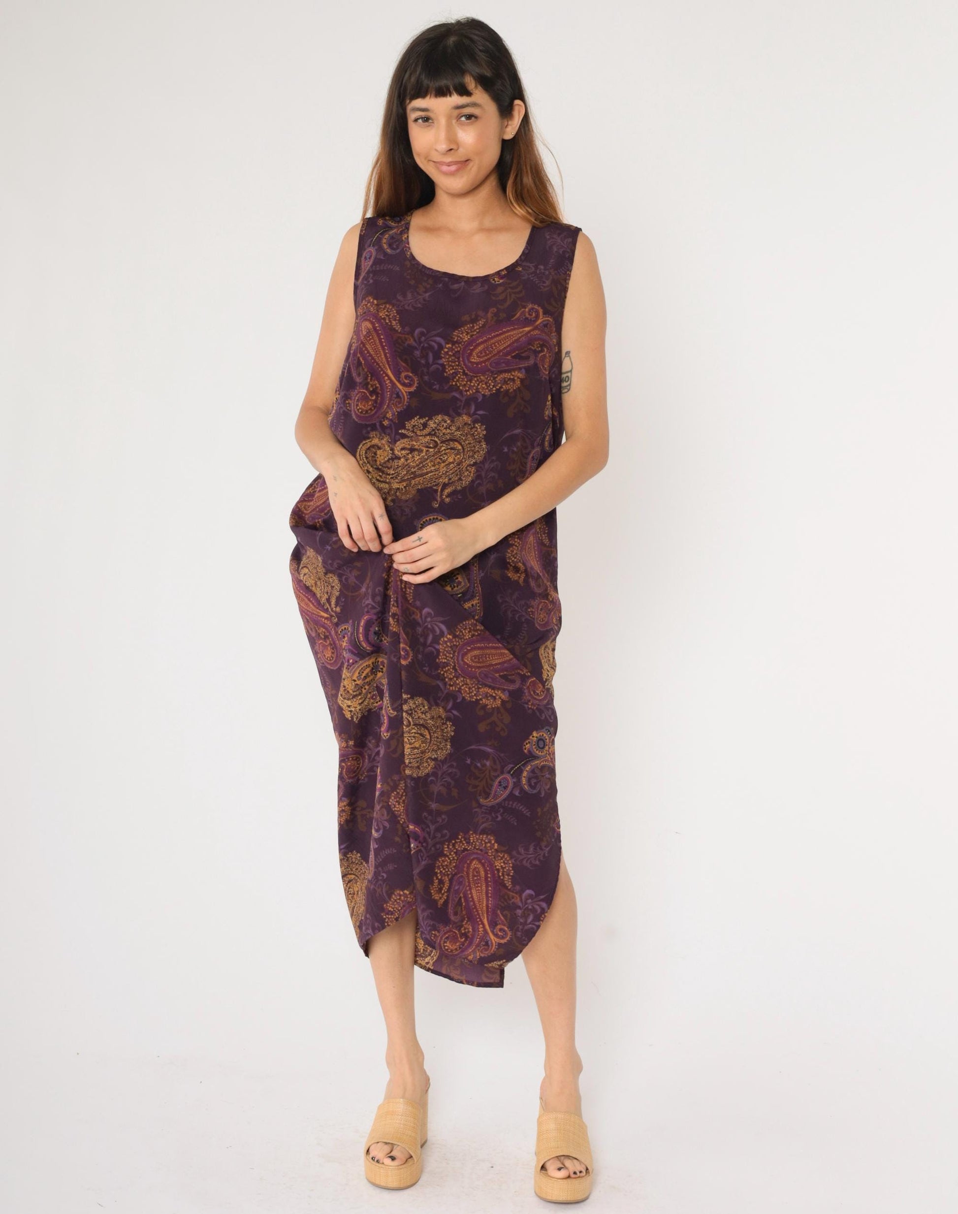 90s Purple Paisley Maxi Dress Sleeveless Scoop Neck Shift Large
