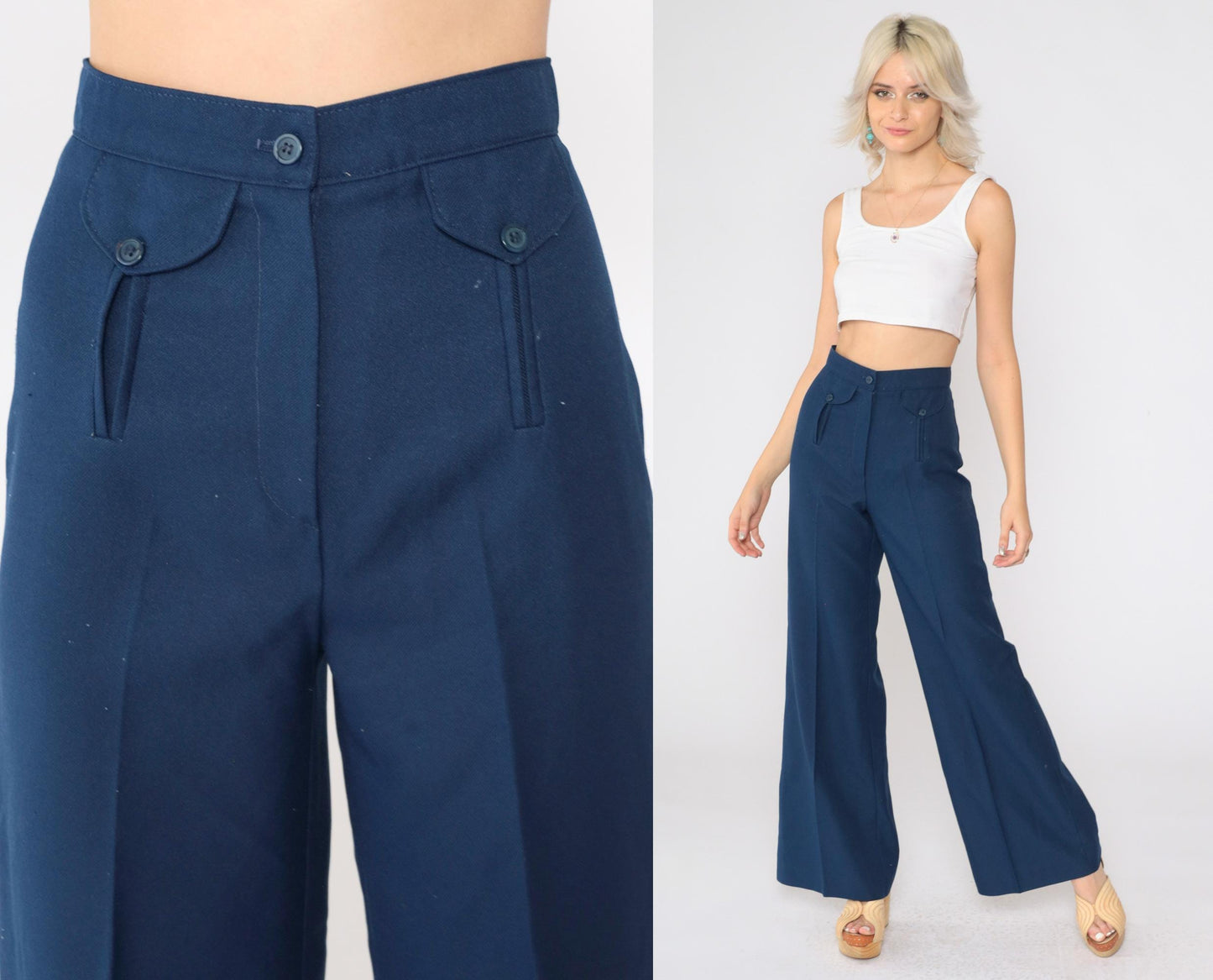 70s Navy Bell Bottom Pants High Waist Vintage Tomboy of California Extra Small