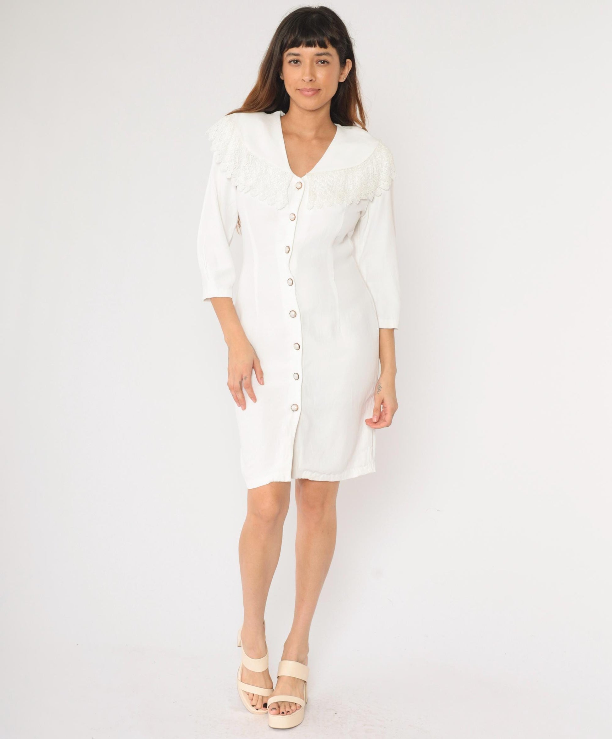 90s White Mini Dress Lace Collar Button-Up Sheath 3/4 Sleeve Medium