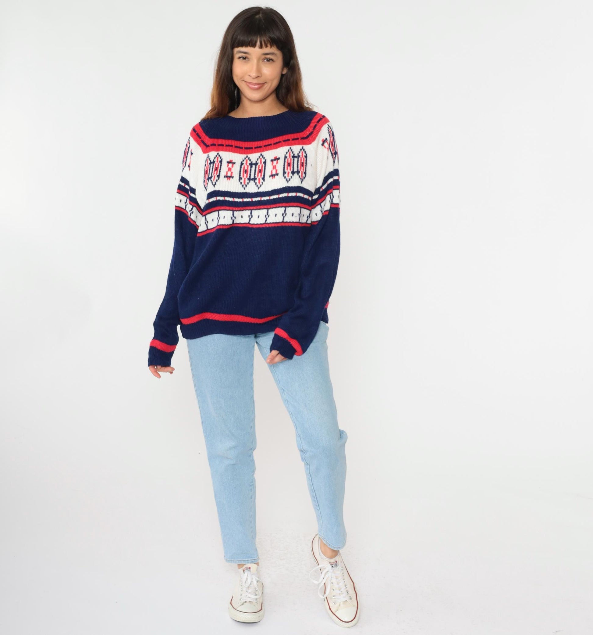 70s Nordic Yoke Sweater Navy Red White Geometric Knit Pullover Medium