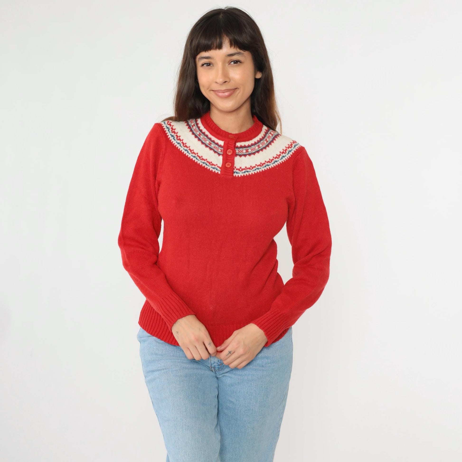 70s Icelandic Geometric Yoke Sweater Red Henley Knit Pullover Extra Small