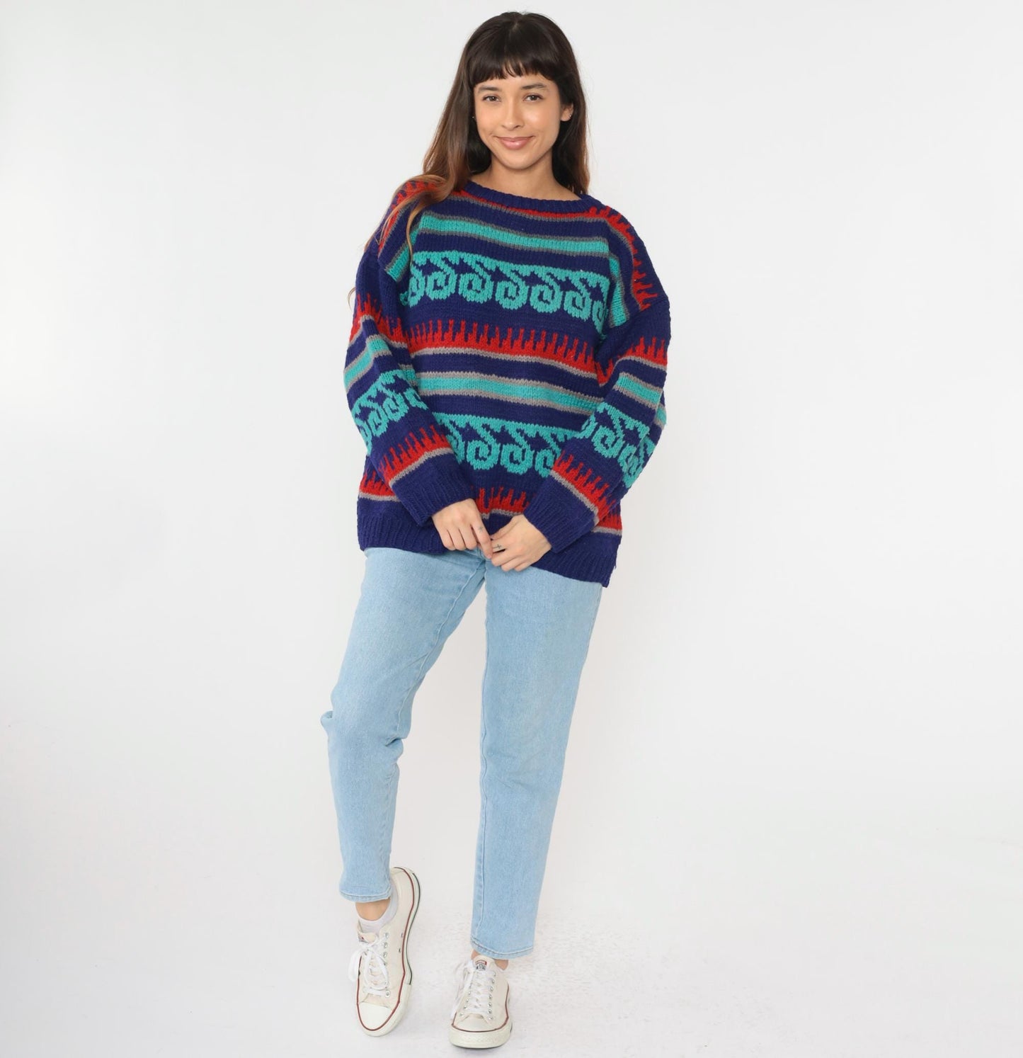 90s Geometric Wool Sweater Estonian Striped Crewneck Blue Turquoise Red Extra Large XL
