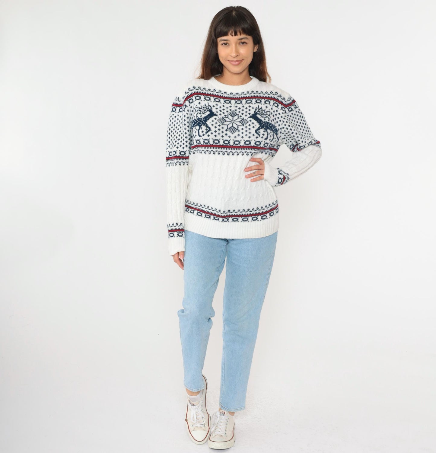 80s Reindeer Fair Isle Sweater White Nordic Snowflake Crewneck Medium