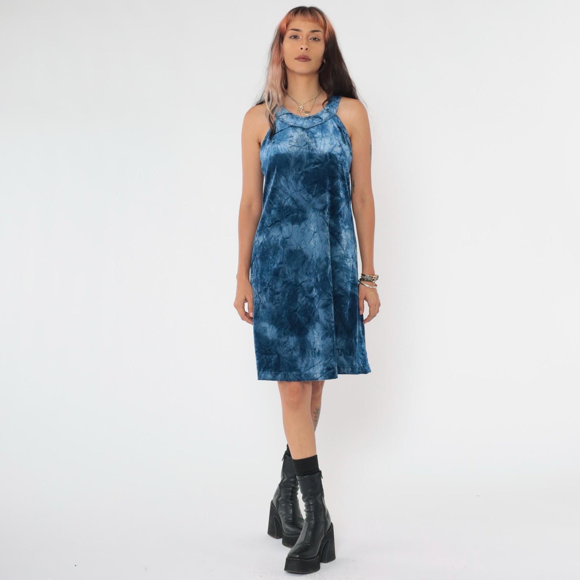90s Blue Tie Dye Velvet Mini Dress Sleeveless Racerback Medium M