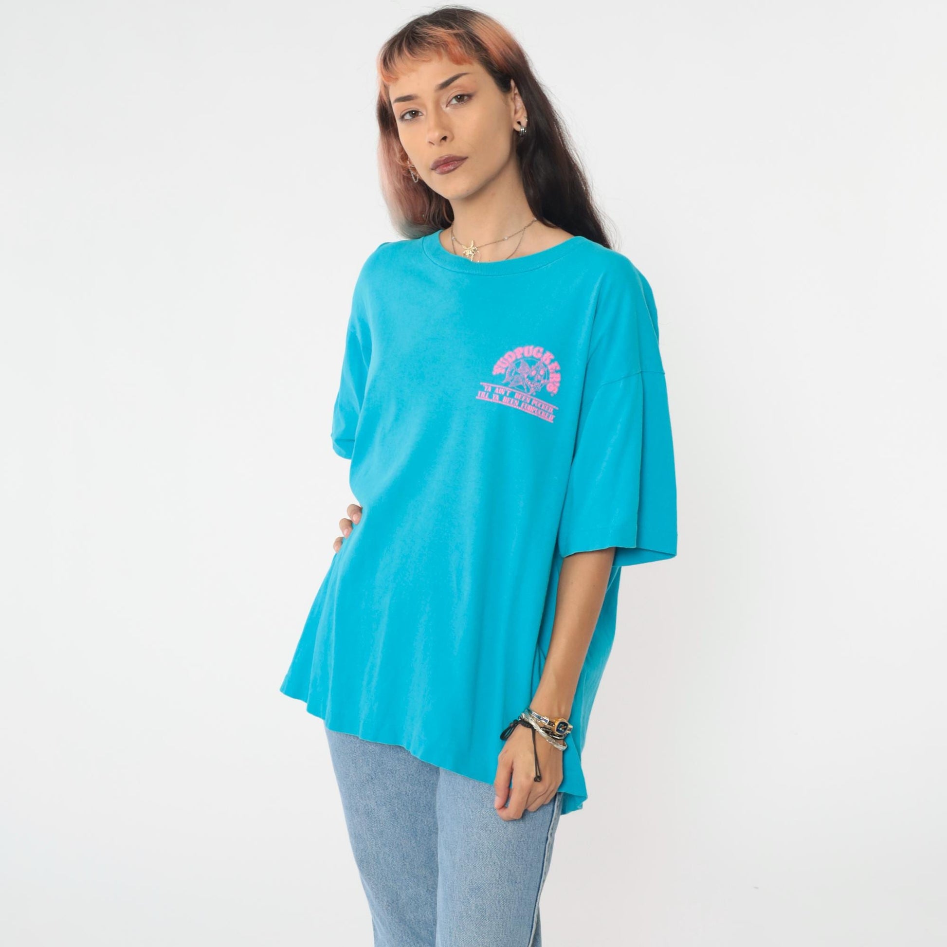 90s Fudpucker's Beachside Bar Grill Turquoise Graphic Tee Pelican Extra Large XL