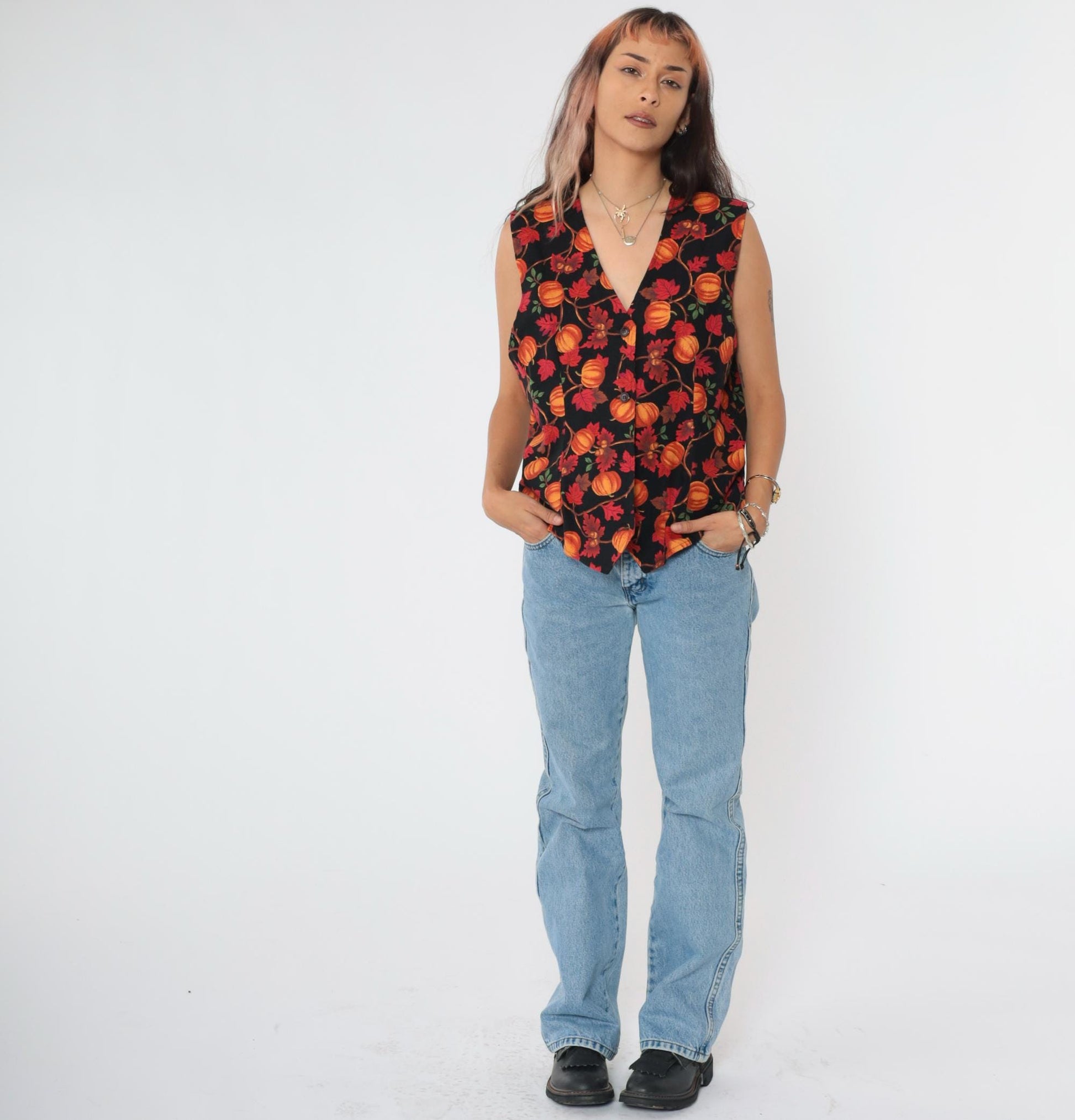 90s Talbots Pumpkin Acorn Leaf Vest Orange Black V-Neck Button-Up Medium