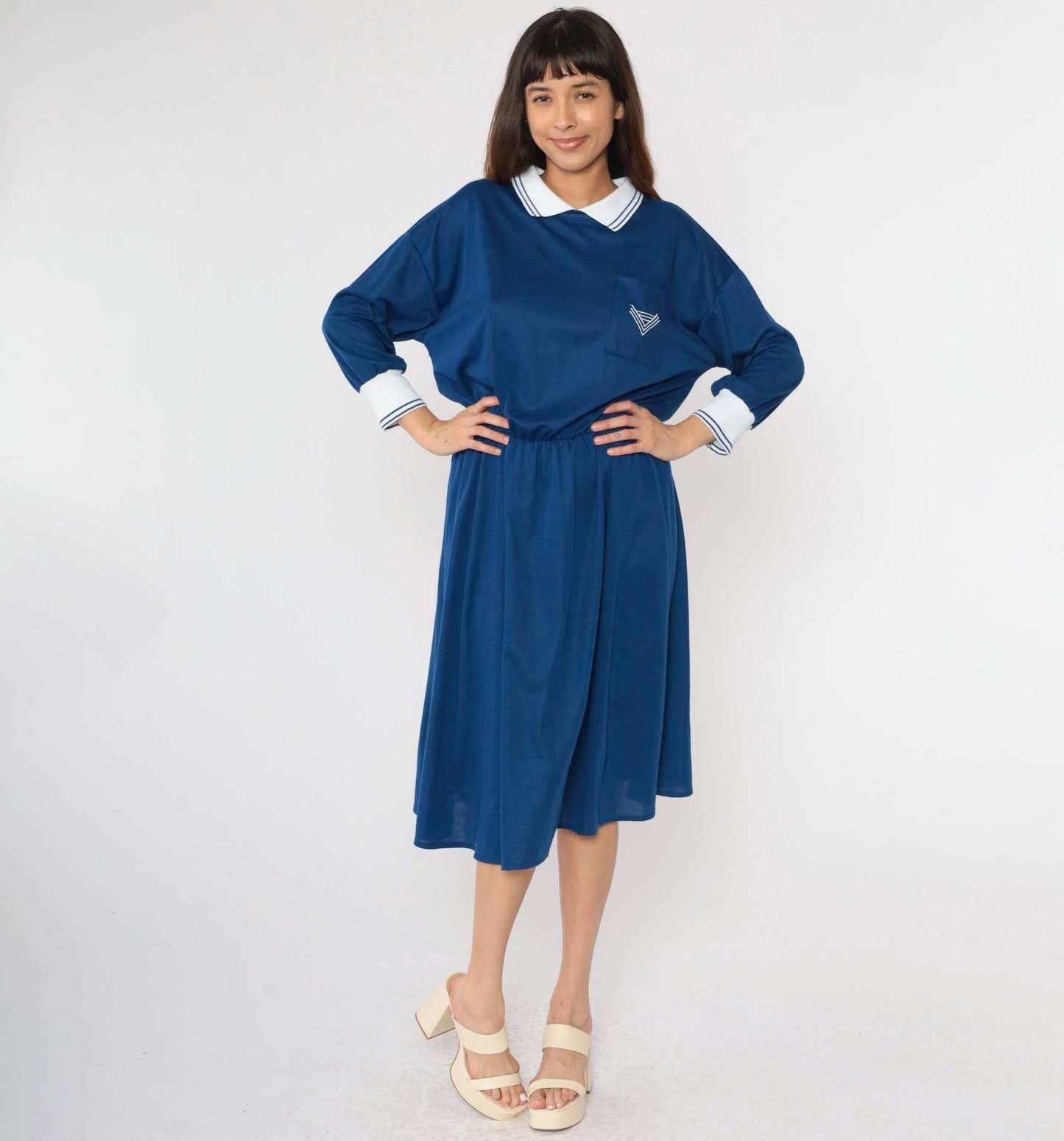 80s Nautical Midi Dress Chevron Crest Collar Long Sleeve Dark Blue Large