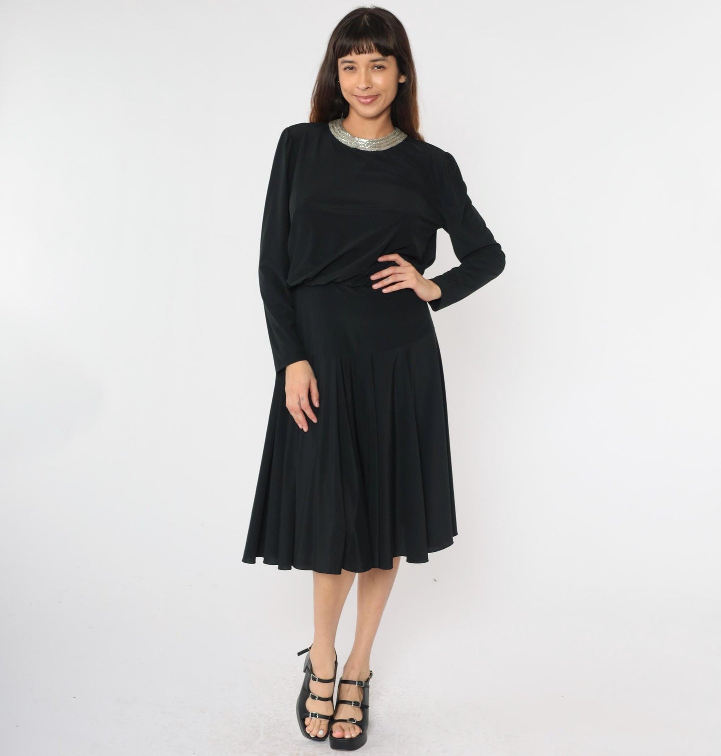 80s Ricki Lang Black Beaded Collar Midi Dress Drop Waist Long Sleeve Medium