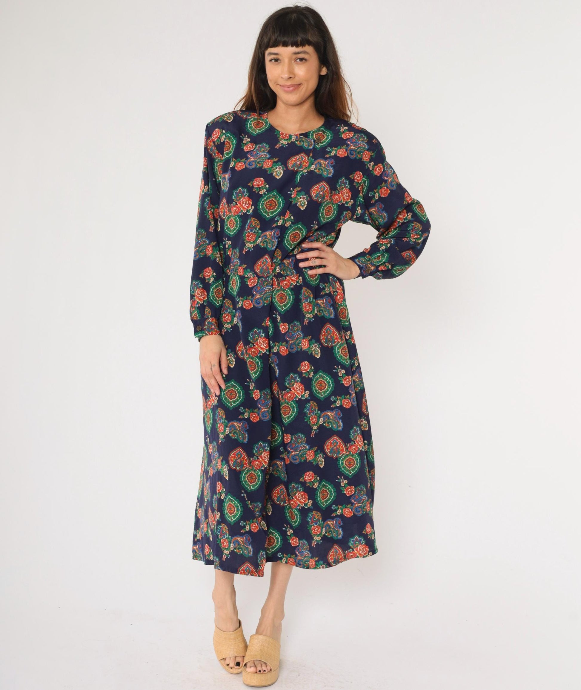 90s Liz Claiborne Paisley Floral Midi Dress Dark Blue High-Waisted Long Sleeve Large