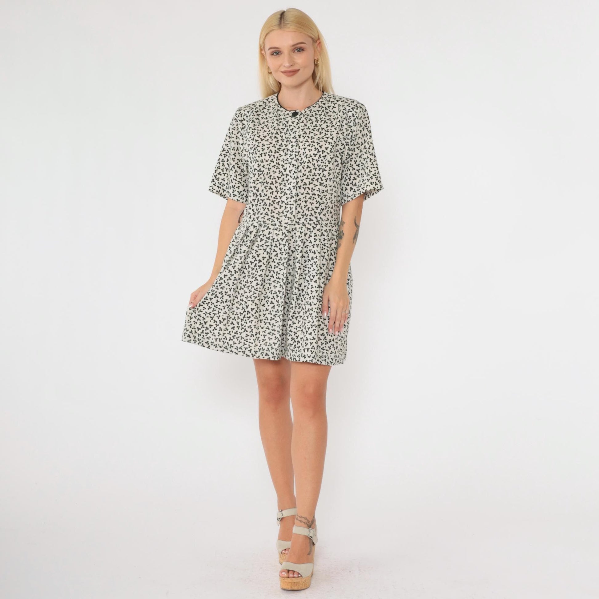 80s Lanz Originals Floral Mini Dress White Black Button-Up High Waisted Medium