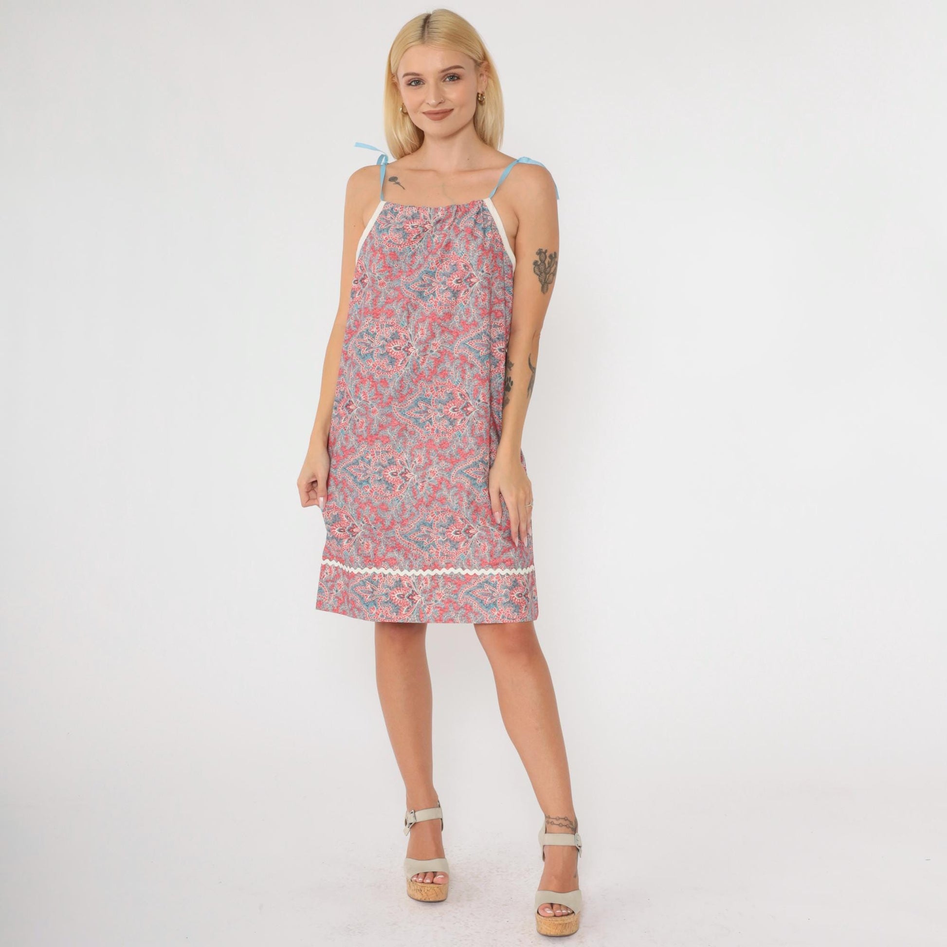 70s Paisley Geometric Shift Dress Red Blue Spaghetti Strap Small