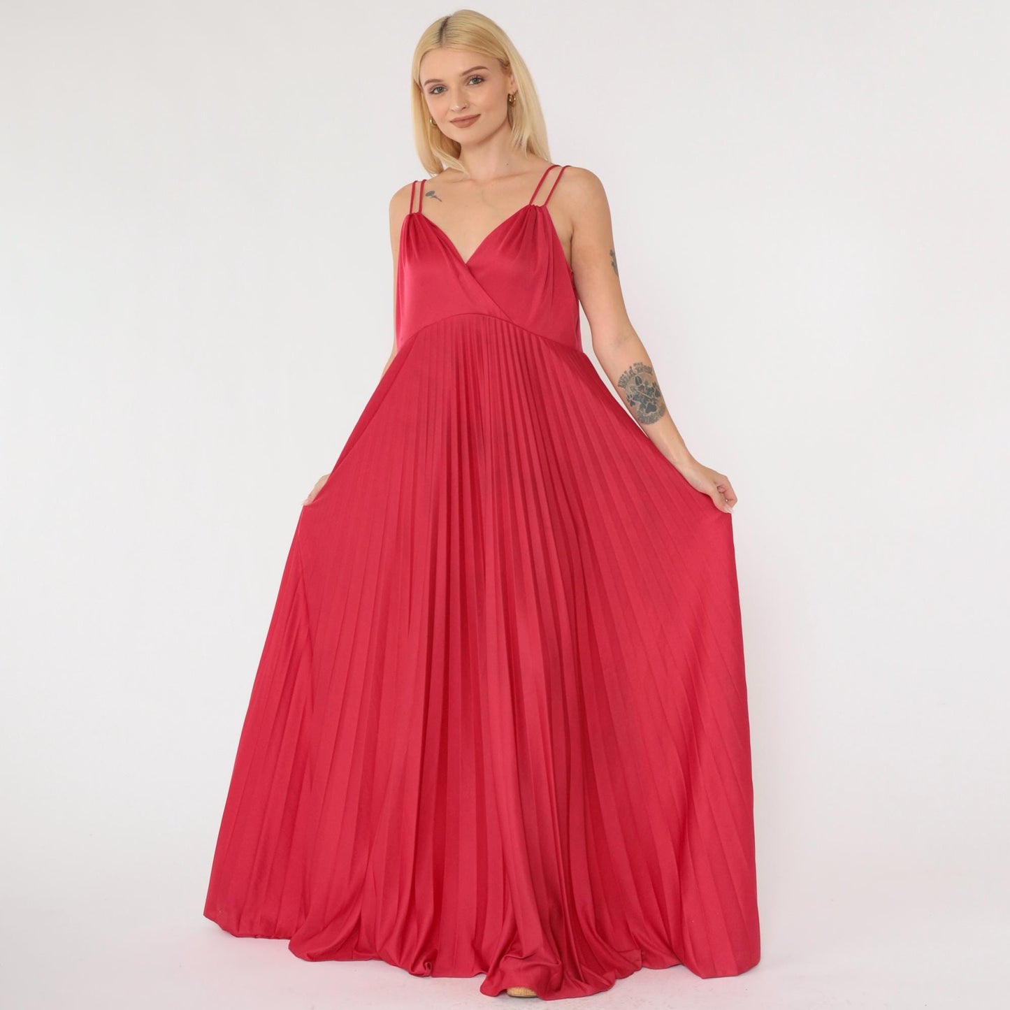 70s Raspberry Red Maxi Dress Deep V Neck Pleated Empire Waist Large
