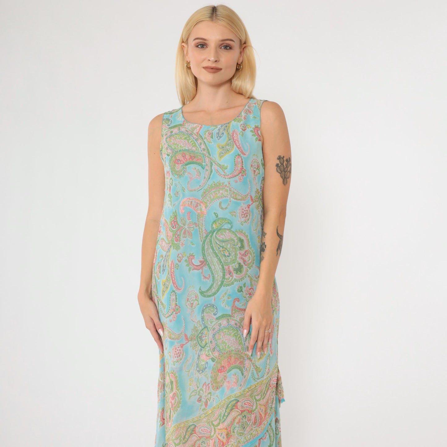 Y2K Paisley Sequin Maxi Dress Blue Sleeveless Draped Medium