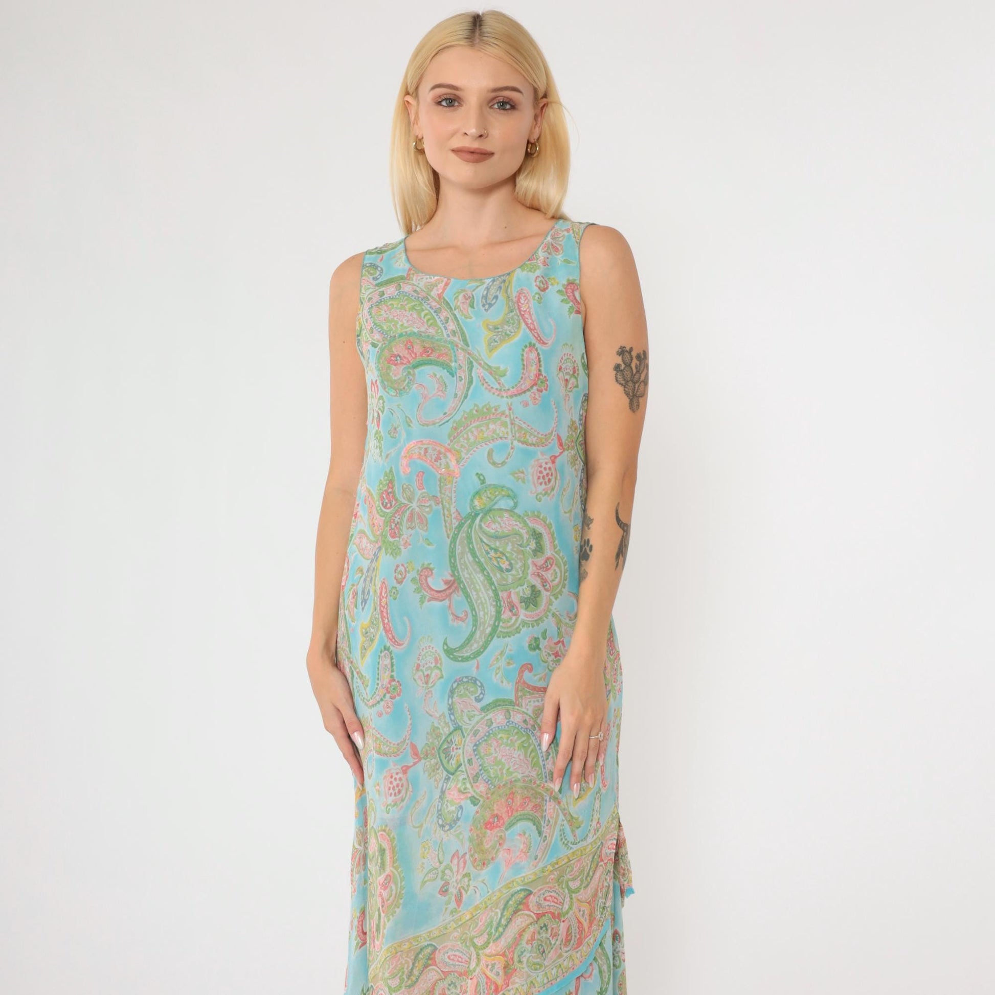 Y2K Paisley Sequin Maxi Dress Blue Sleeveless Draped Medium