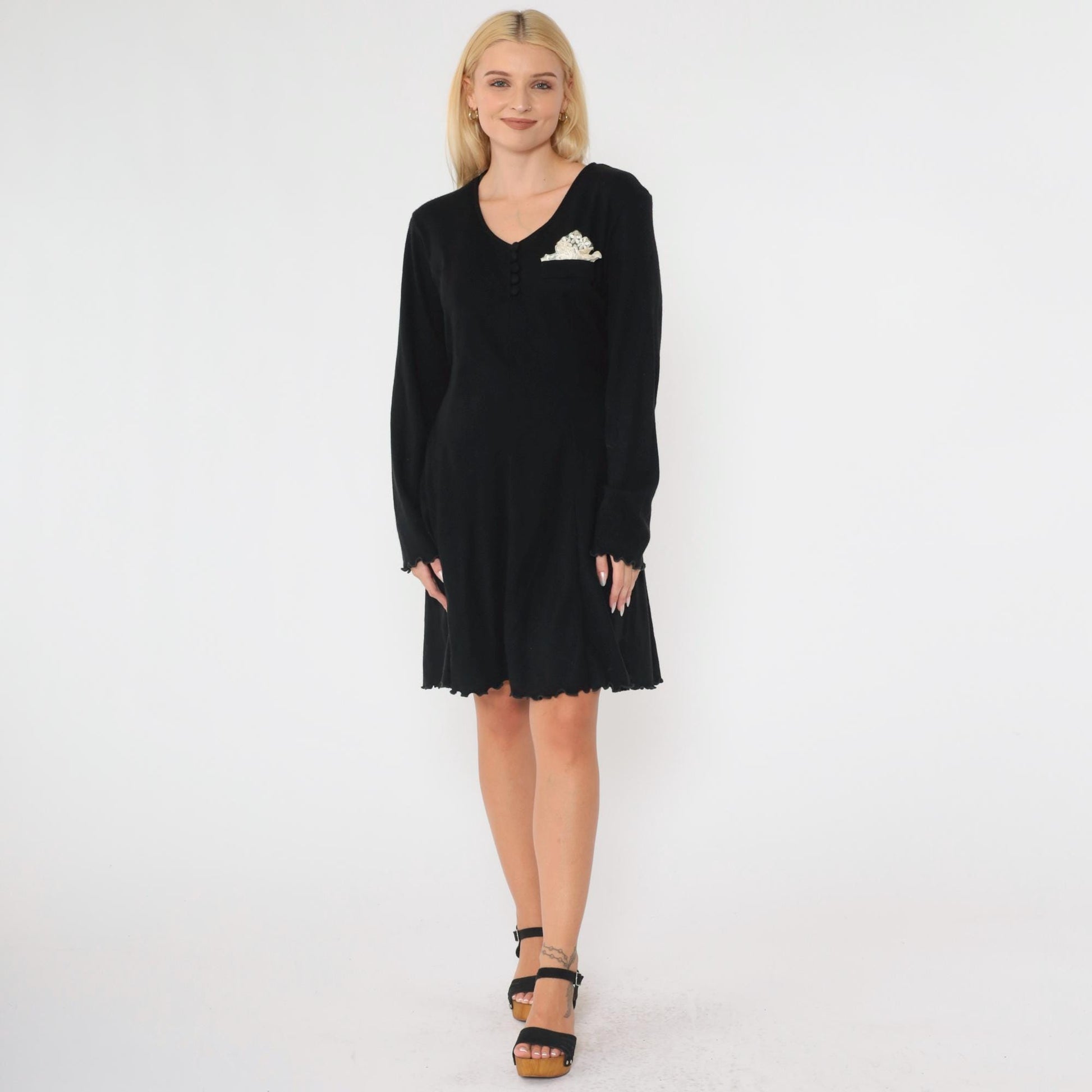 90s Black Shift Dress Lettuce Edge Mini Long Sleeve Lace Pocket Medium