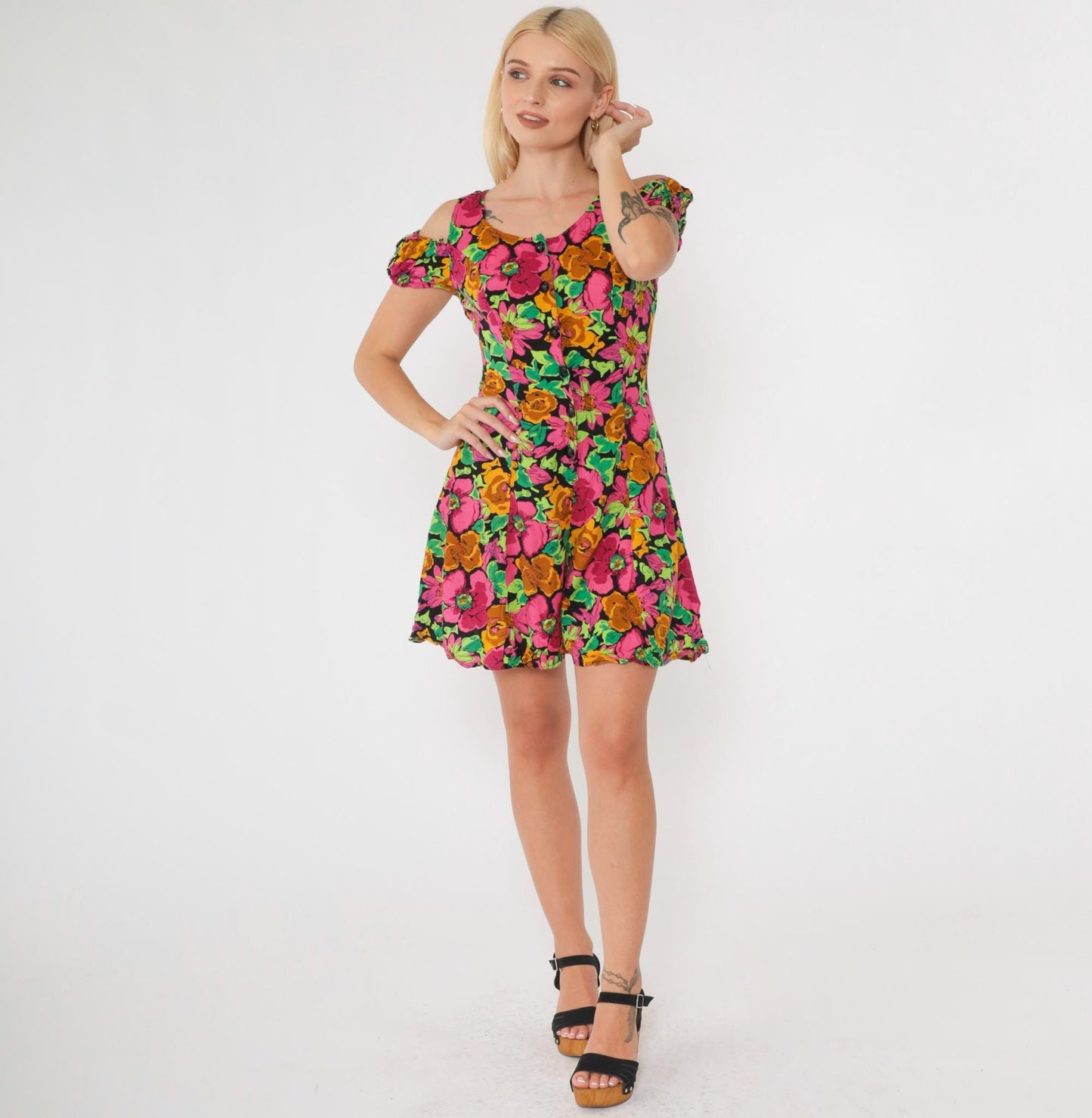 90s Floral Cold Shoulder Romper Wide Leg Playsuit Pink Green Small 5