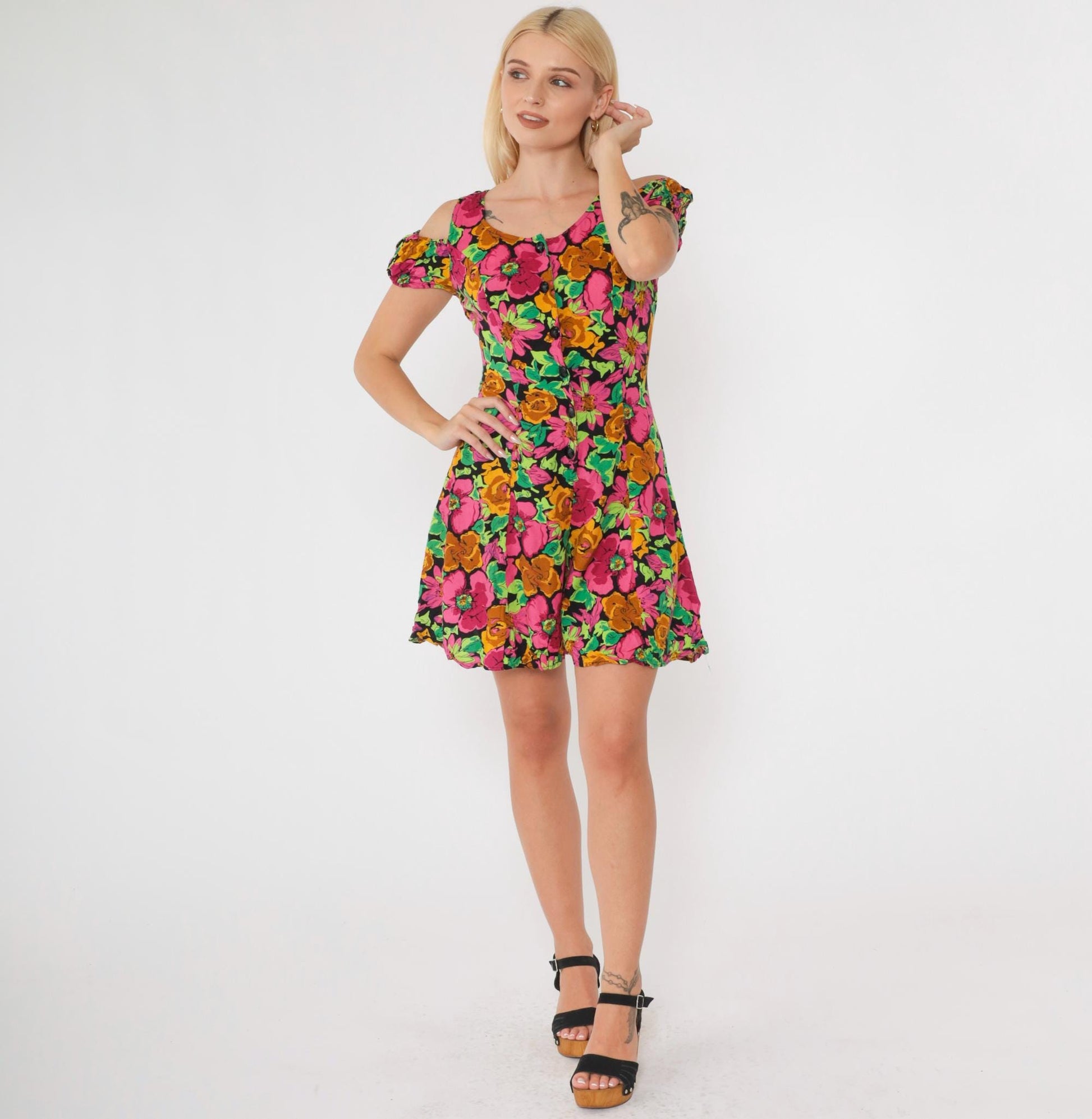 90s Floral Cold Shoulder Romper Wide Leg Playsuit Pink Green Small 5