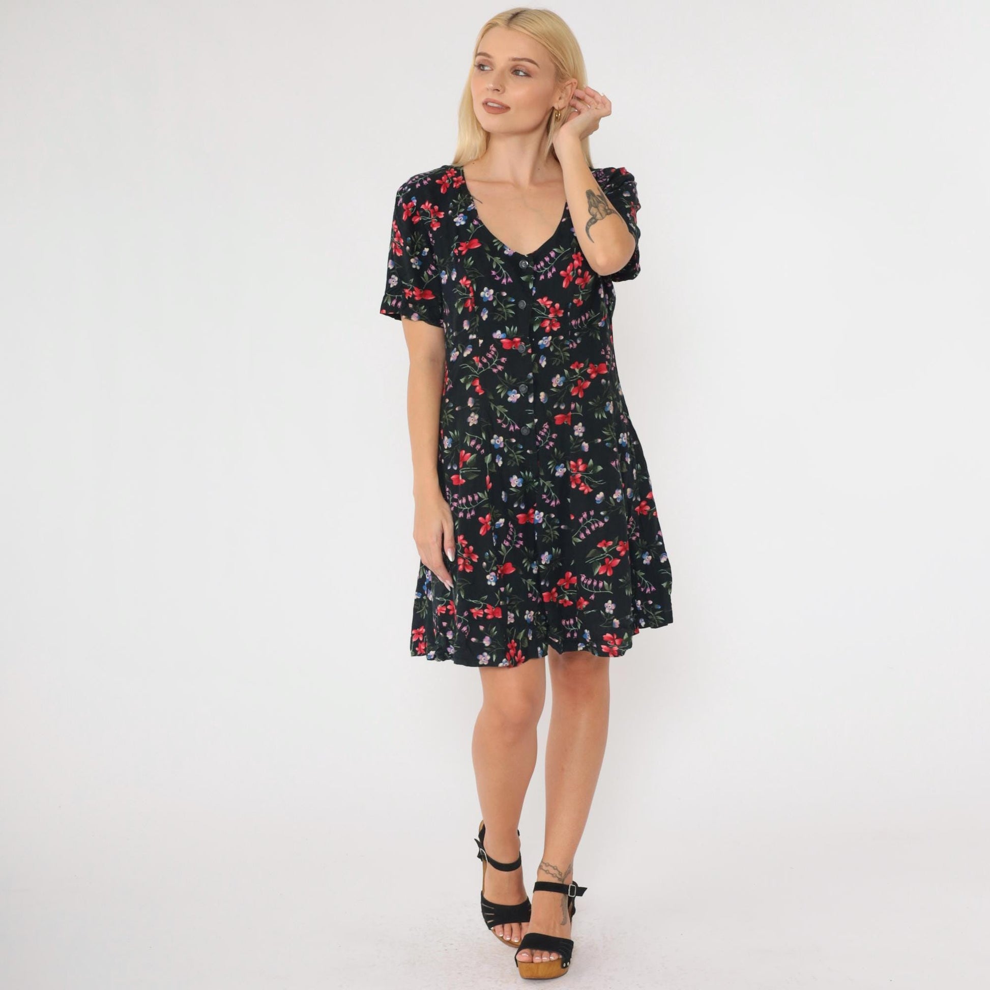 90s Black Floral Rayon Romper Wide Leg Scoop Neck Button Up Medium