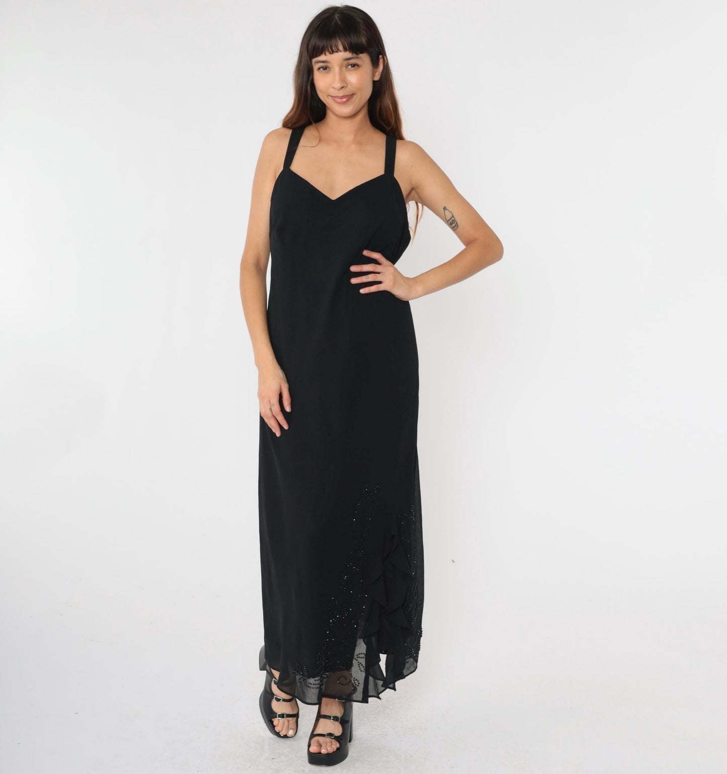 90s R & M Richards Black Chiffon Beaded Maxi Dress V-Neck Medium