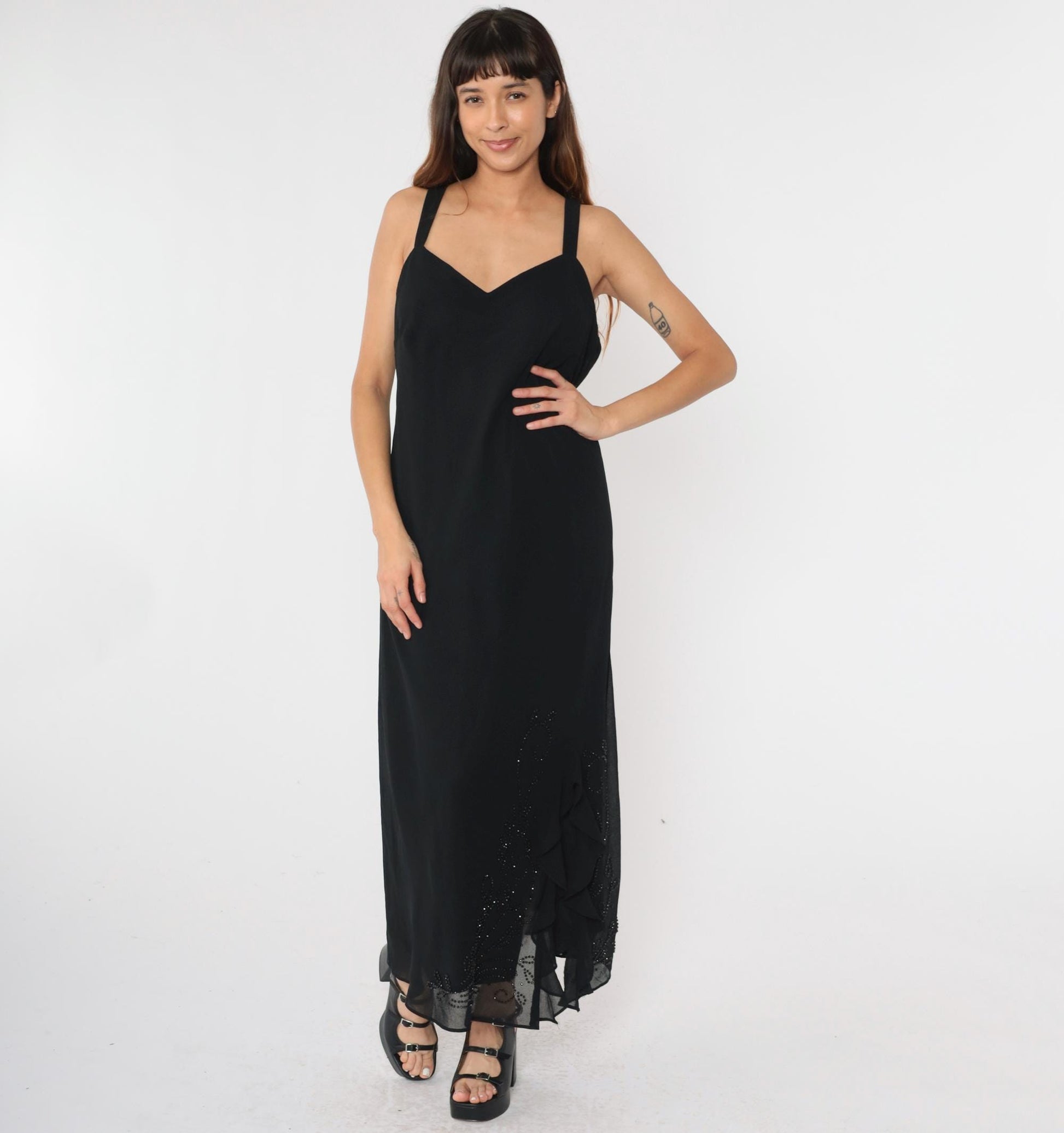 90s R & M Richards Black Chiffon Beaded Maxi Dress V-Neck Medium