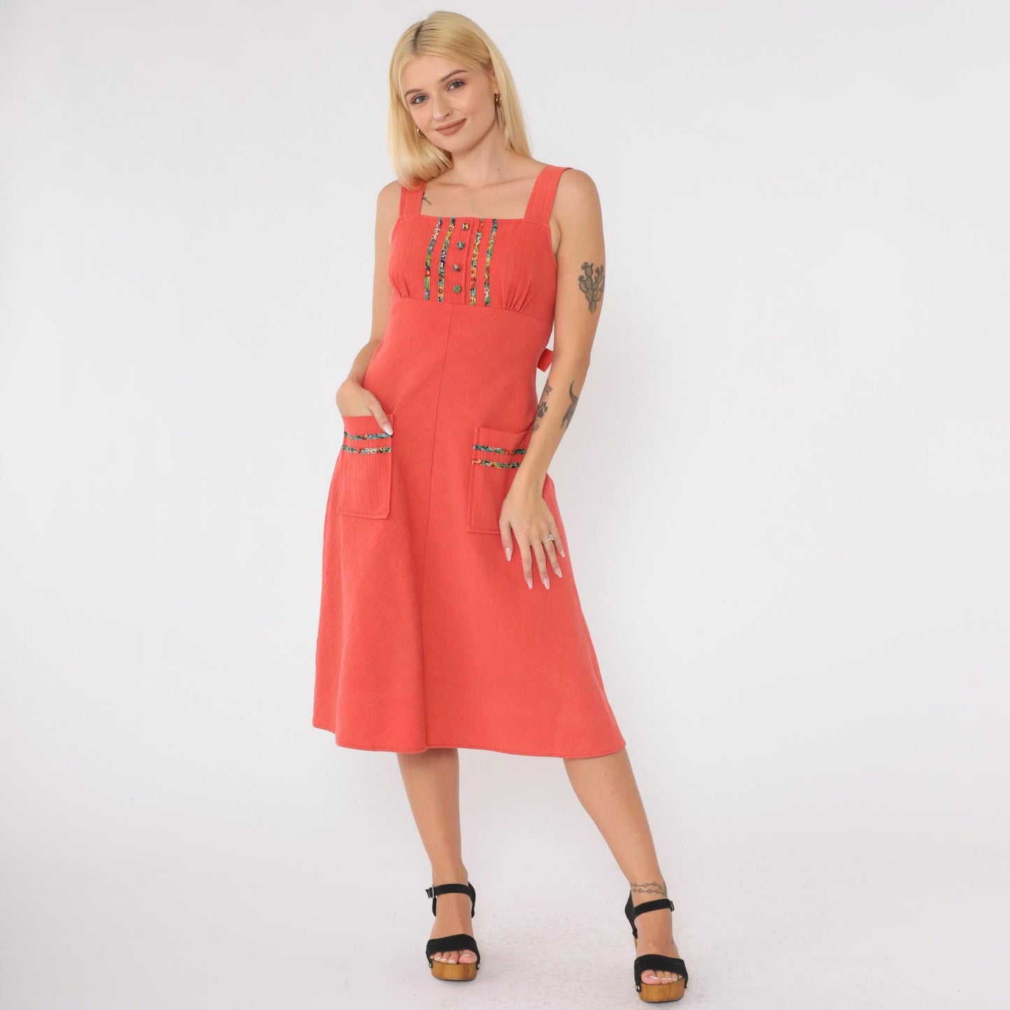 70s Coral Floral Empire Waist Midi Dress Sleeveless Cotton Blend Extra Small