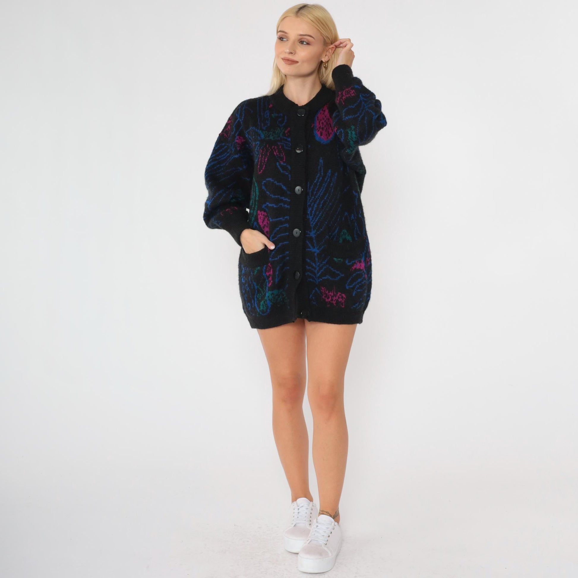 80s Paisley Cardigan Sweater Black Floral Abstract Wool Blend Button Up Medium