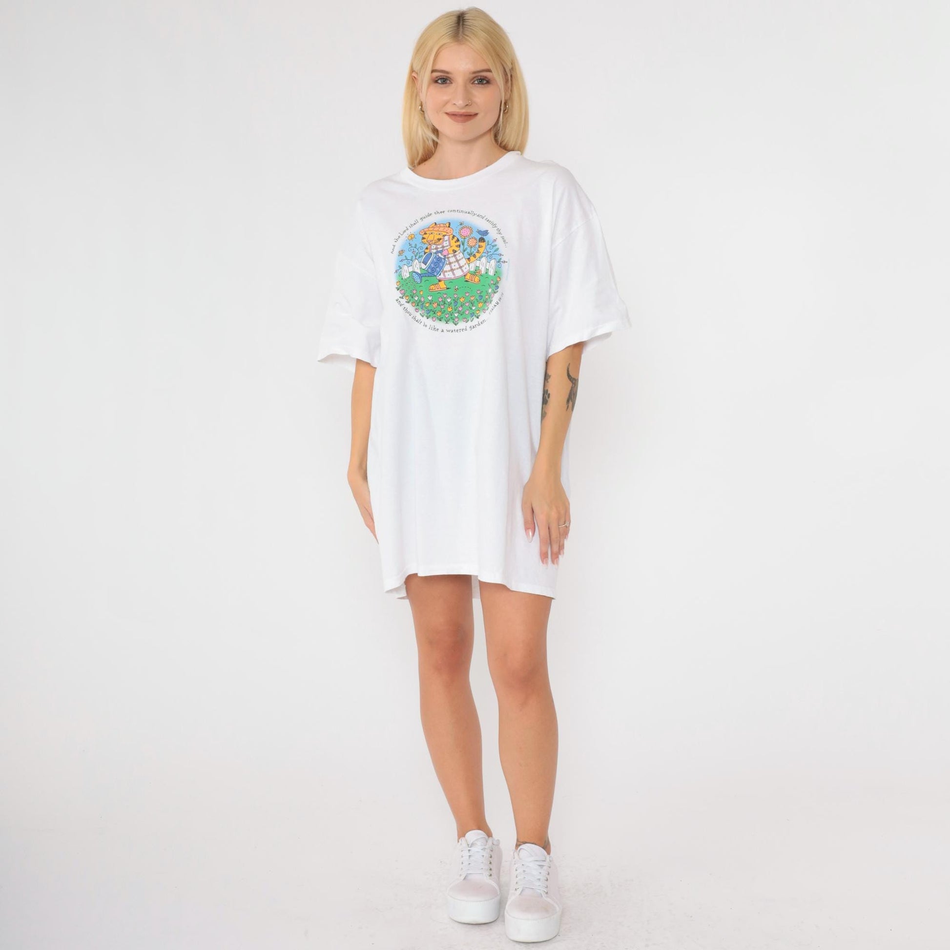 90s Christian T-Shirt Cat Watering Flowers Isaiah 58:11 Graphic Tee Extra Large XL
