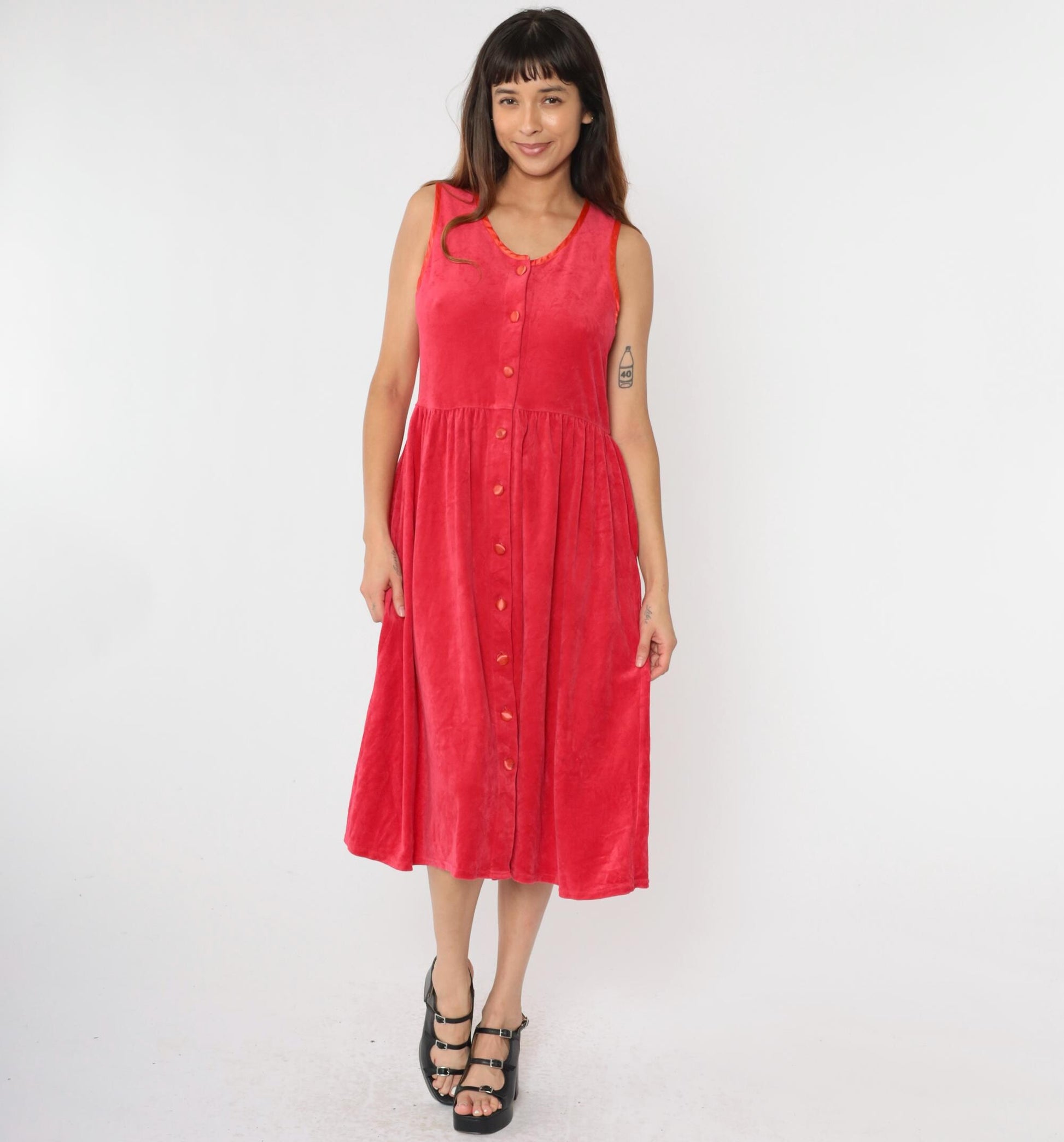 90s Red Velour Button-Up Midi Dress Sleeveless High Waist Medium Petite