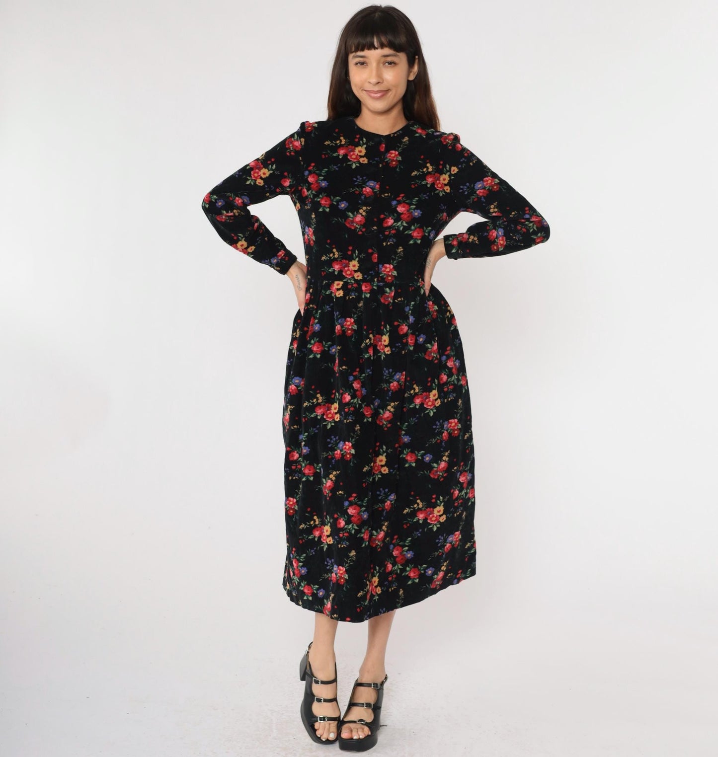 90s Talbots Floral Corduroy Midi Dress Black Button-Up High Waist Medium