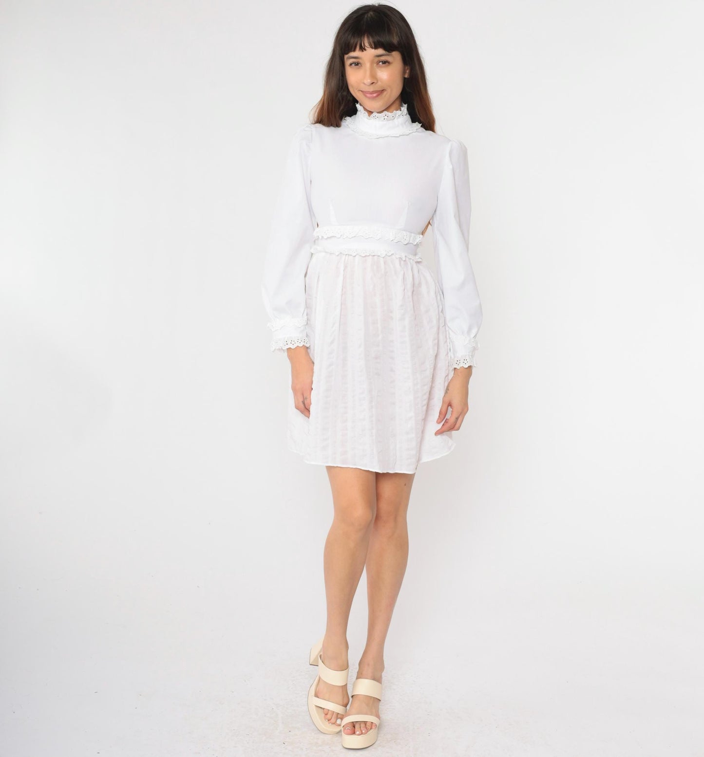 70s White Eyelet Lace Babydoll Dress Empire Waist Puff Sleeve Mini Small